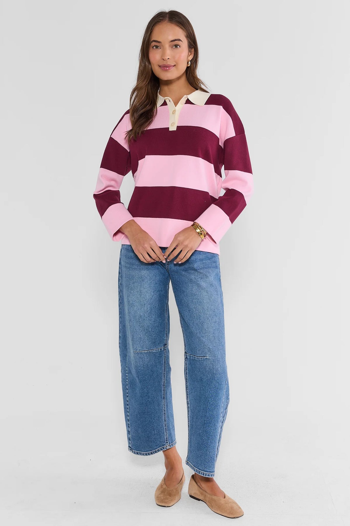Burgundy Pink Striped Collared Top Styled with Wide-Leg Jeans - Full Length On Model | Avara