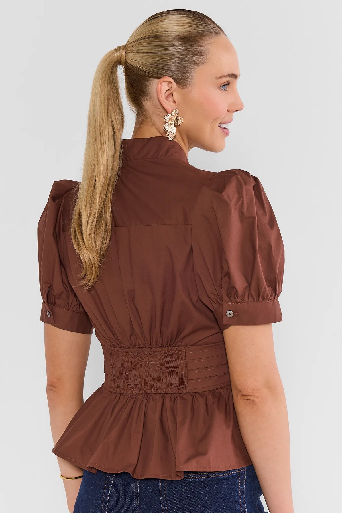 Brown Pleated Tie Waist Top - Back View, Smocked Waistband & Peplum Hem Detail | Avara