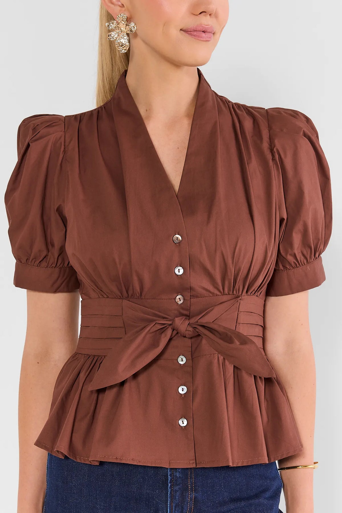 Brown Pleated Tie Waist Top - Close-Up Detail, Button Front & Cinched Waist Tie | Avara