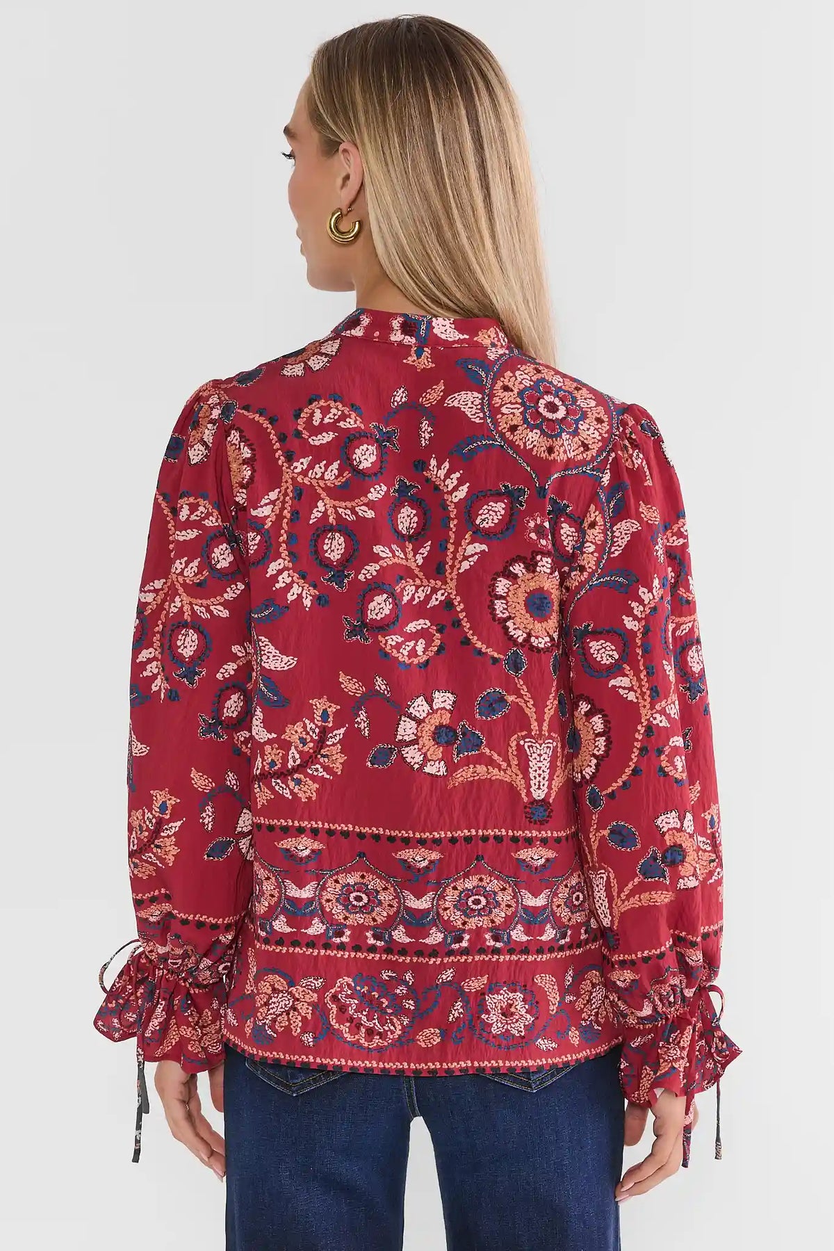 Burgundy Floral Printed Split Neck Top - Back View On Model | Avara