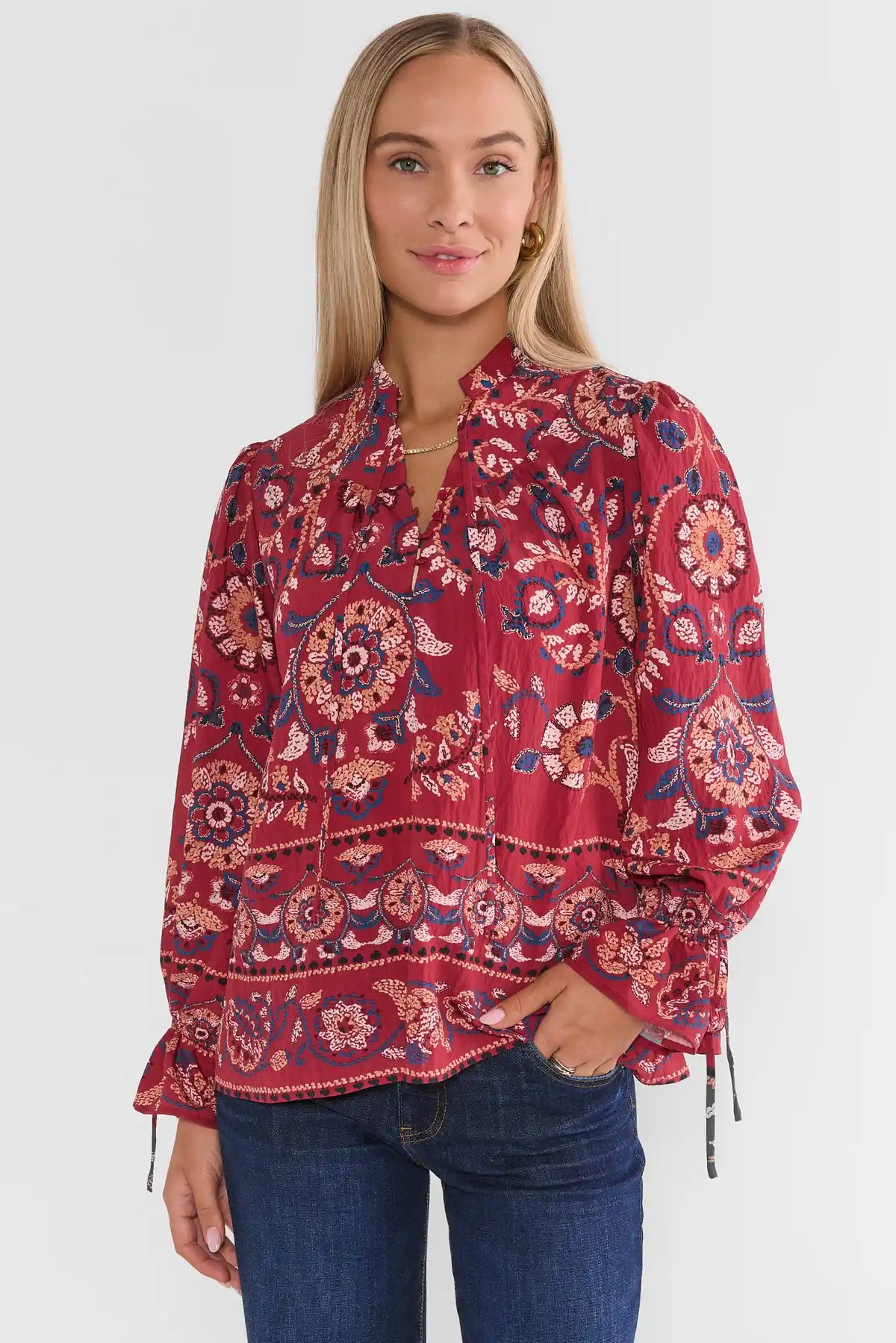 Burgundy Floral Printed Split Neck Top - Front View On Model | Avara