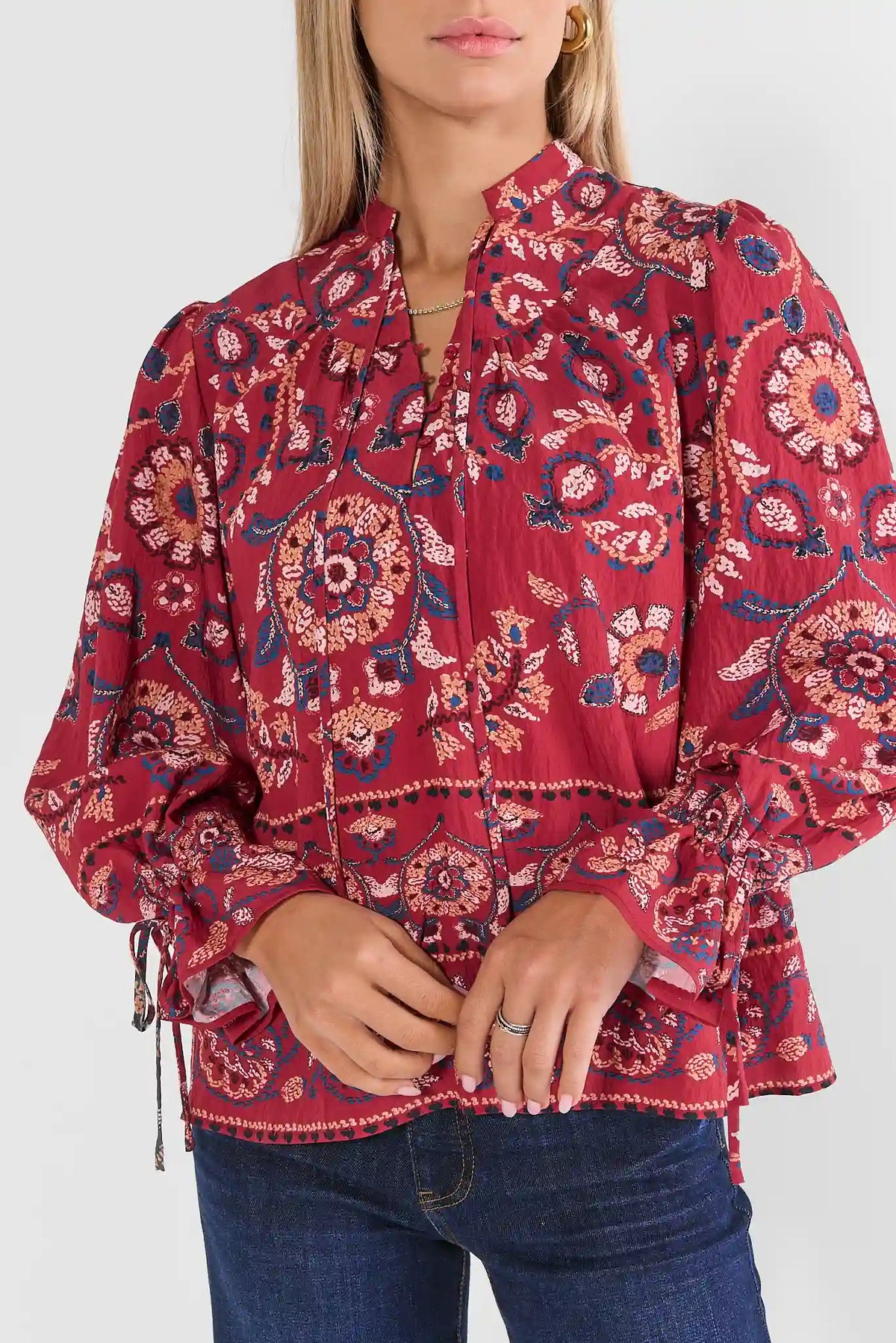 Burgundy Printed Long Sleeve Top - Split Neck & Ruffle Cuff Detail | Avara