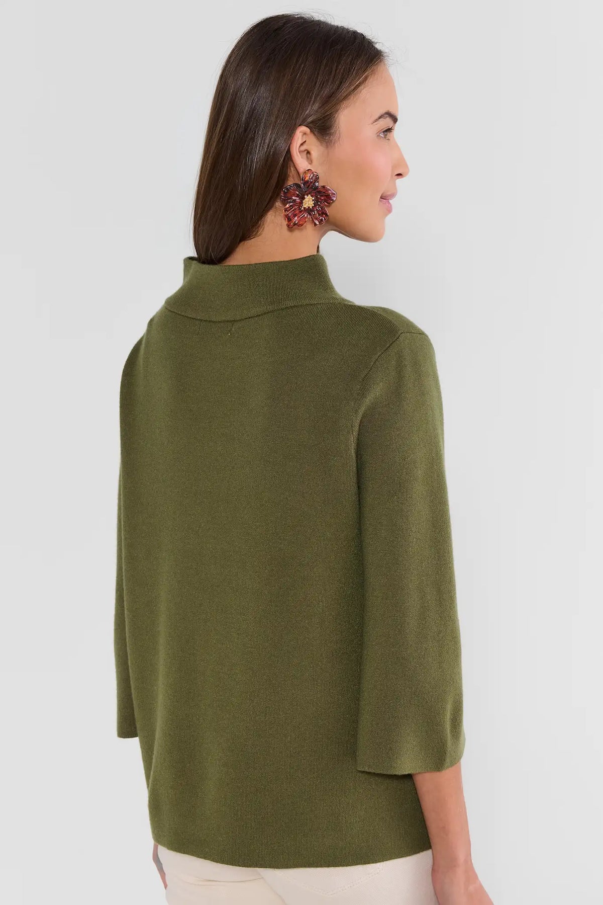 Olive Knit Sweater - Back View, Relaxed Silhouette & Mock Neck Detail | Avara