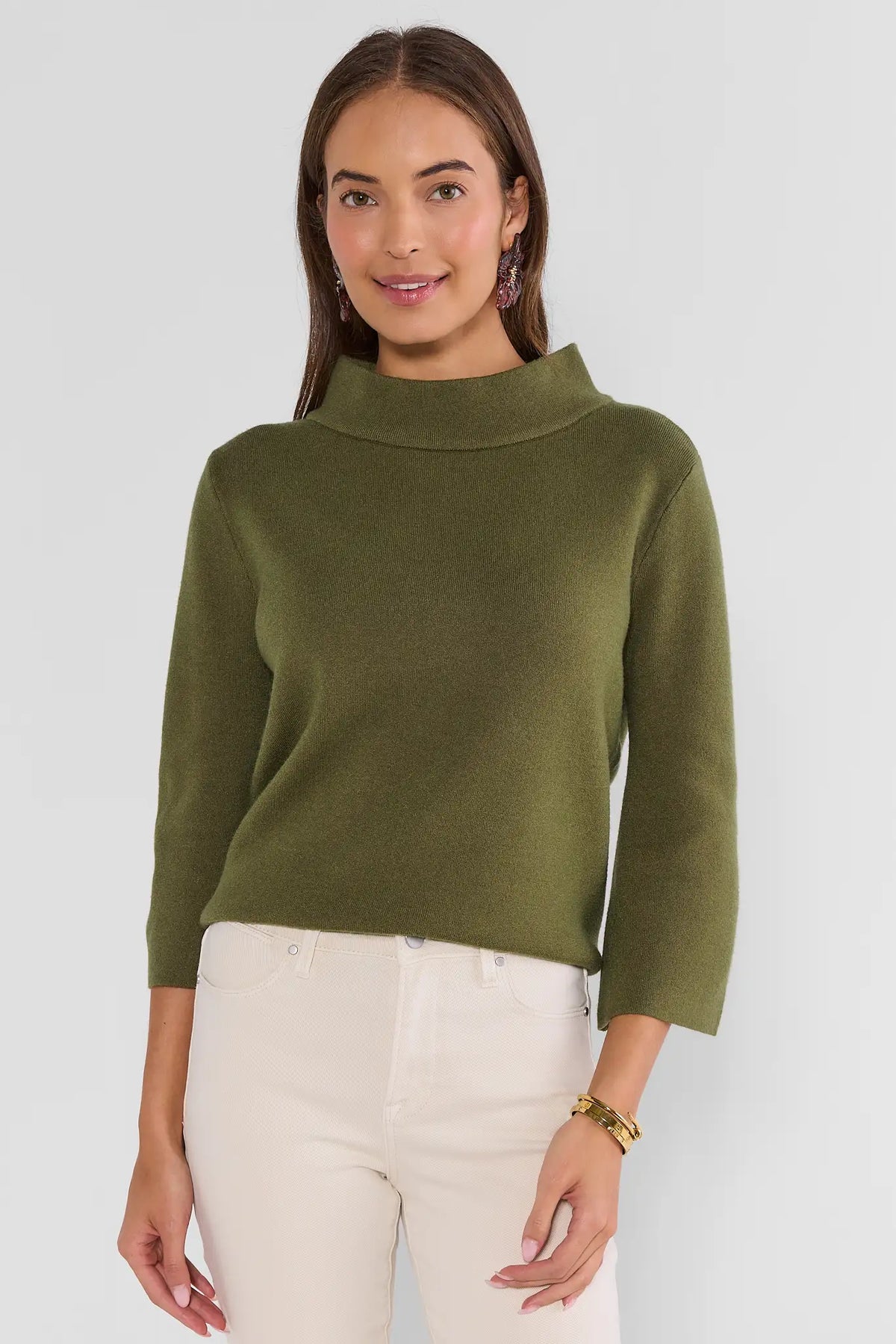 Olive Knit Sweater for Women - Front View, 3/4 Sleeve Styled with Cream Pants | Avara