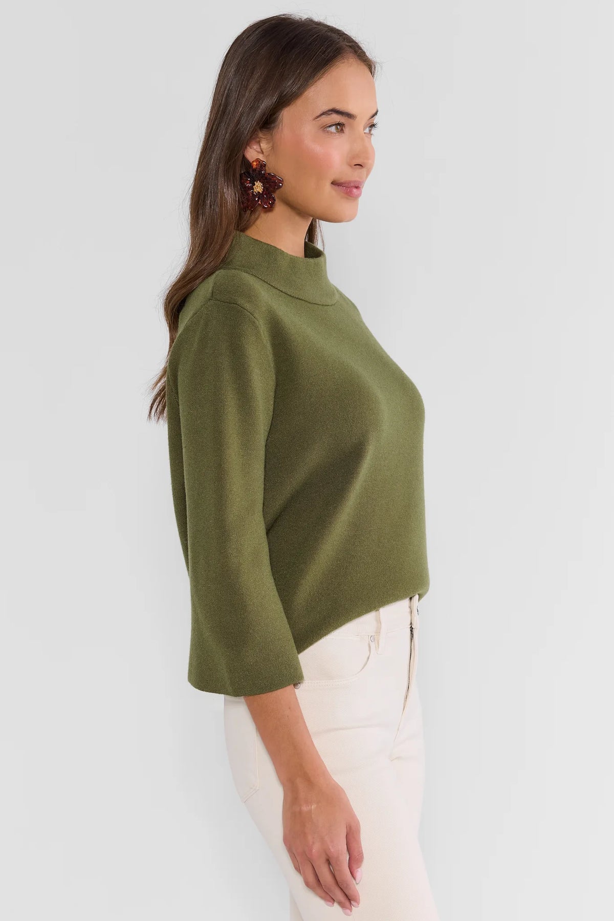 Olive Knit Mock Neck Sweater - Side Profile View, 3/4 Sleeve Detail | Avara