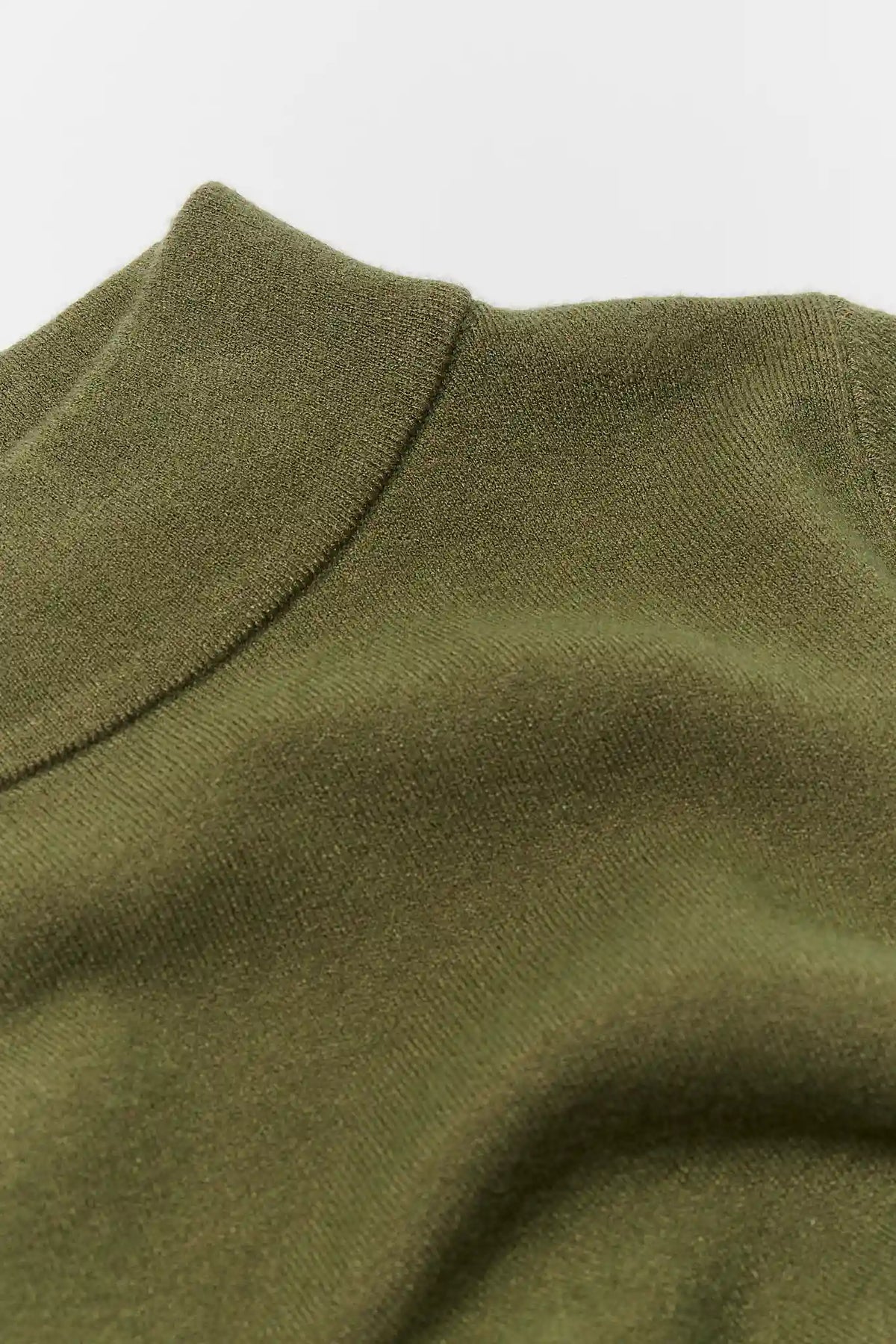 Olive Green Knit Mock Neck Sweater - Flat Lay, Collar Detail | Avara