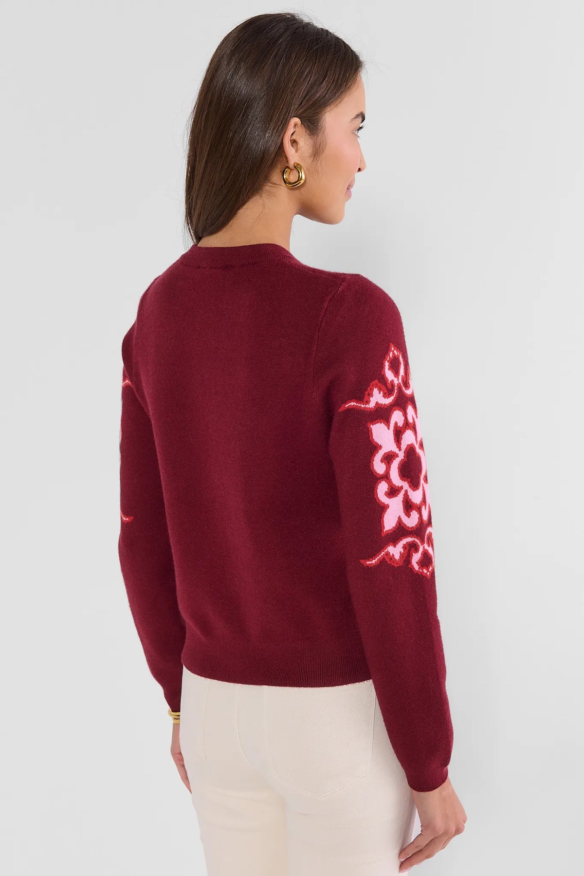 Maroon Printed Cardigan - Back View Showing Pink Floral Sleeve Detail | Avara