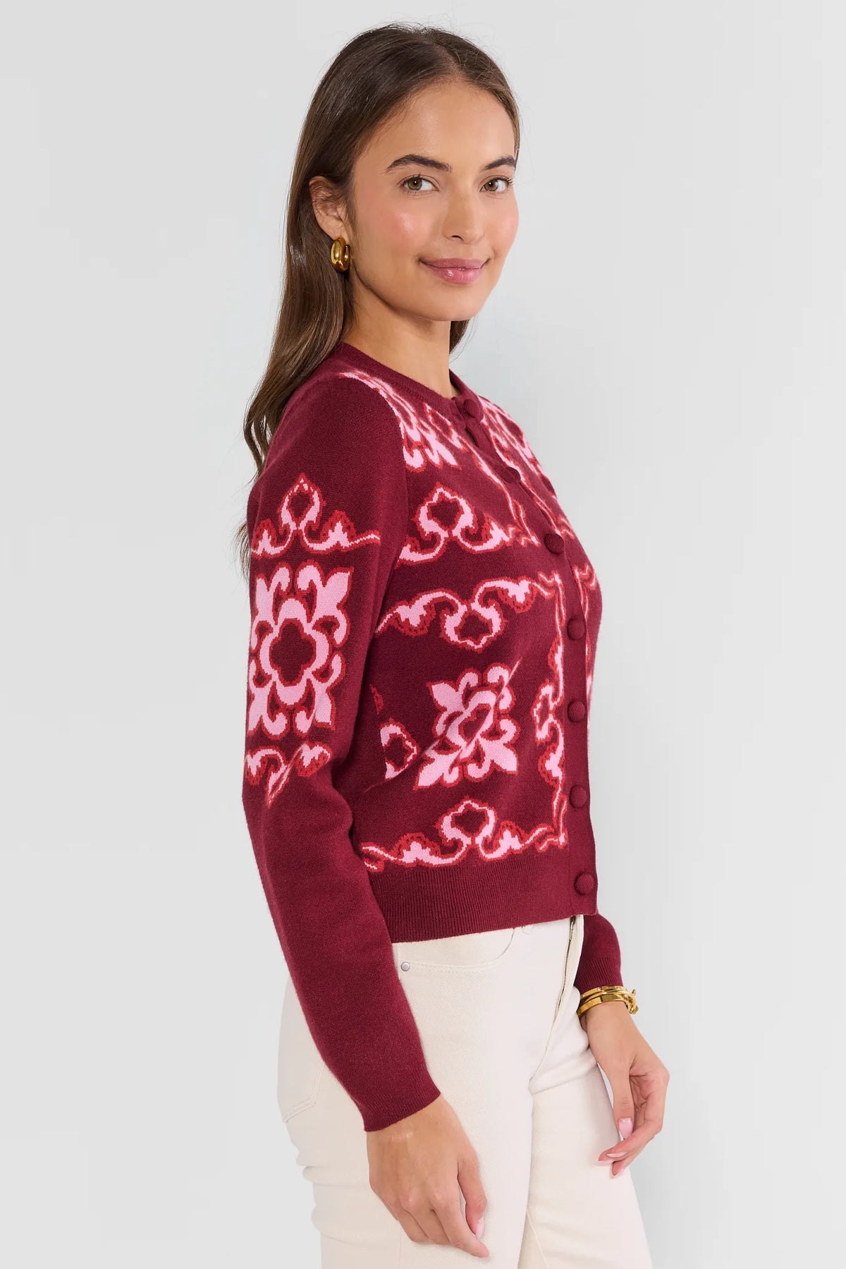 Maroon Floral Knit Cardigan - Side Profile View, Long Sleeve Button Detail | Avara