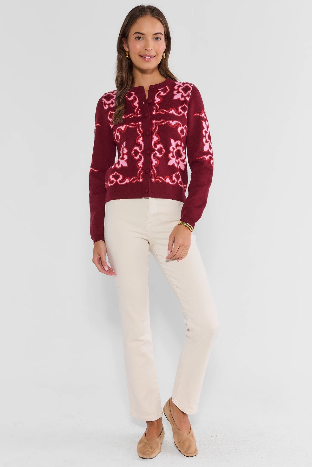 Maroon Printed Cardigan Styled with Cream Pants - Full Length Front View | Avara