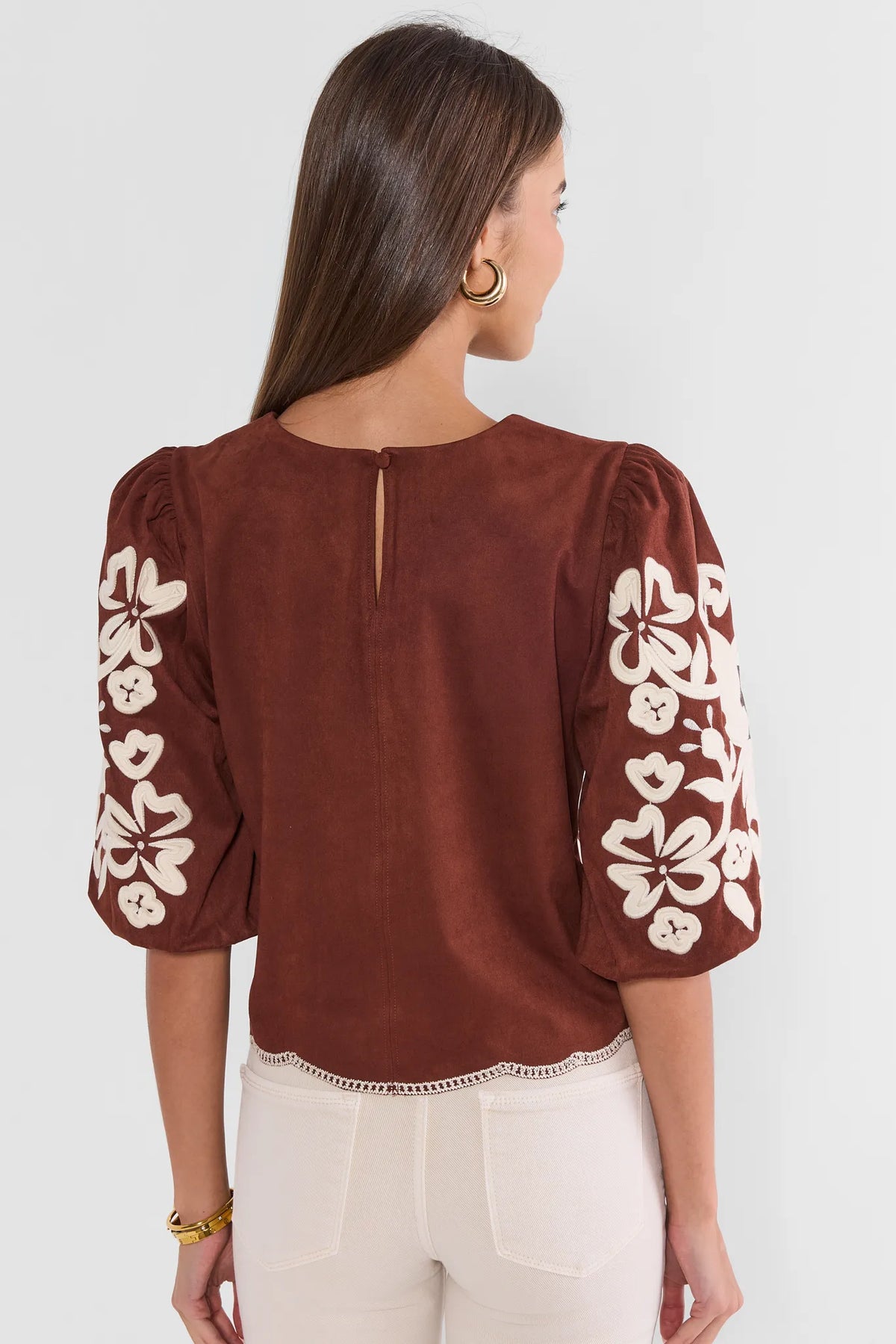Brown Faux Suede Puff Sleeve Top with Floral Appliqué Sleeves - Back View | Avara