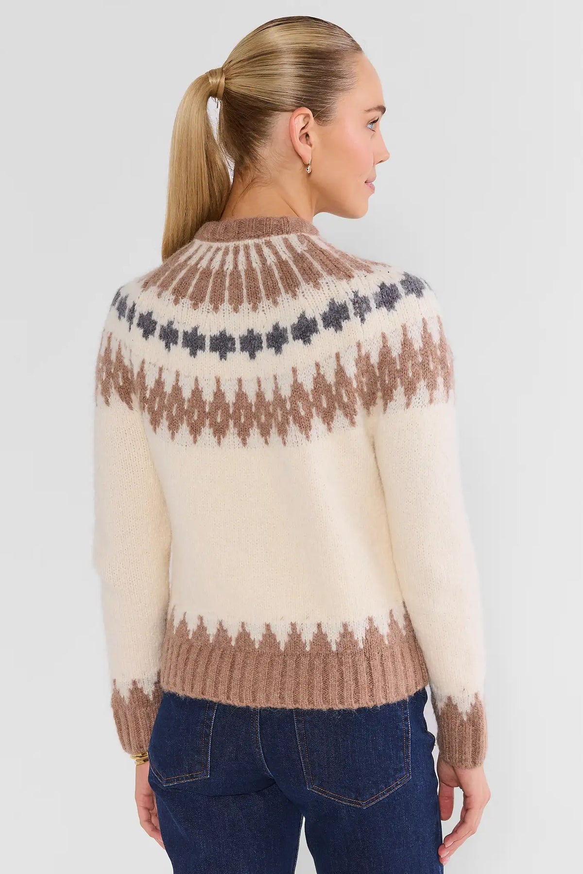 Ivory Fair Isle Print Cardigan - Back View On Model Styled with Dark Wash Jeans | Avara