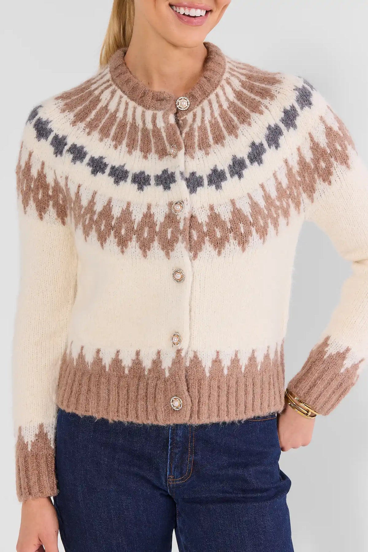 Women's Ivory Fair Isle Knit Cardigan - Front Close-Up Showing Pearl Button Placket | Avara