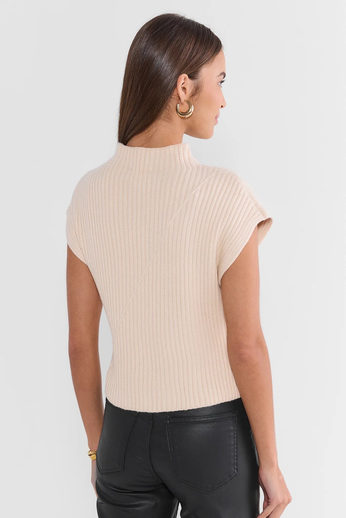 Cream Ribbed Knit Mock Neck Sweater - Back View On Model | Avara