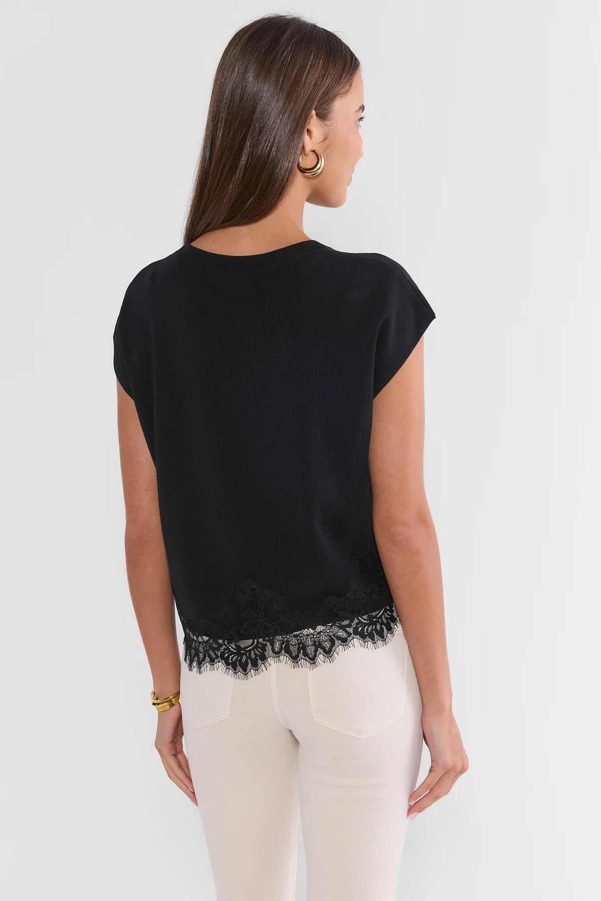 Black Lace Trim Knit Top - Back View Showing Lace Hem Detail | Avara