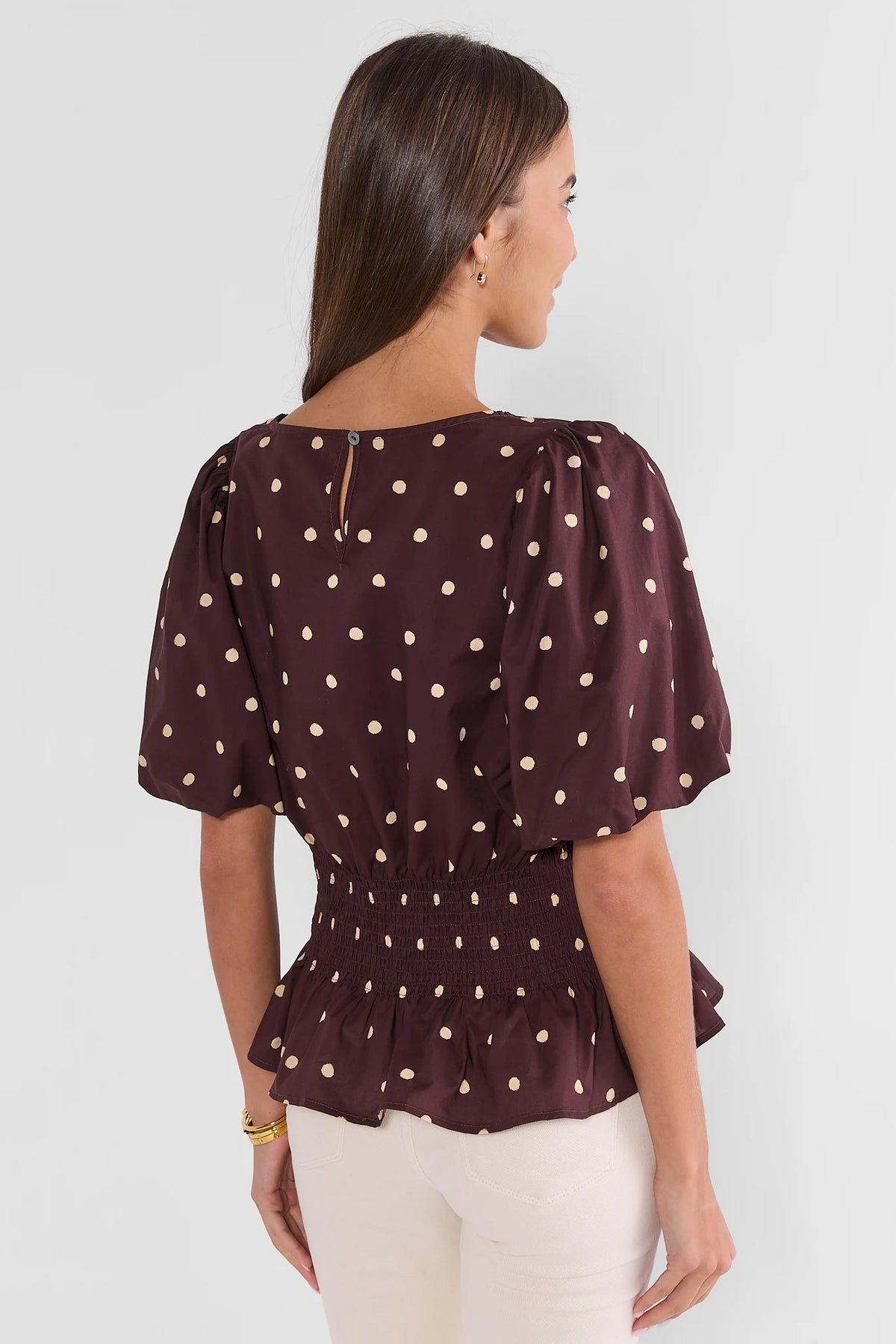Brown Polka Dot Smocked Top - Back View, Button Keyhole & Peplum Hem | Avara