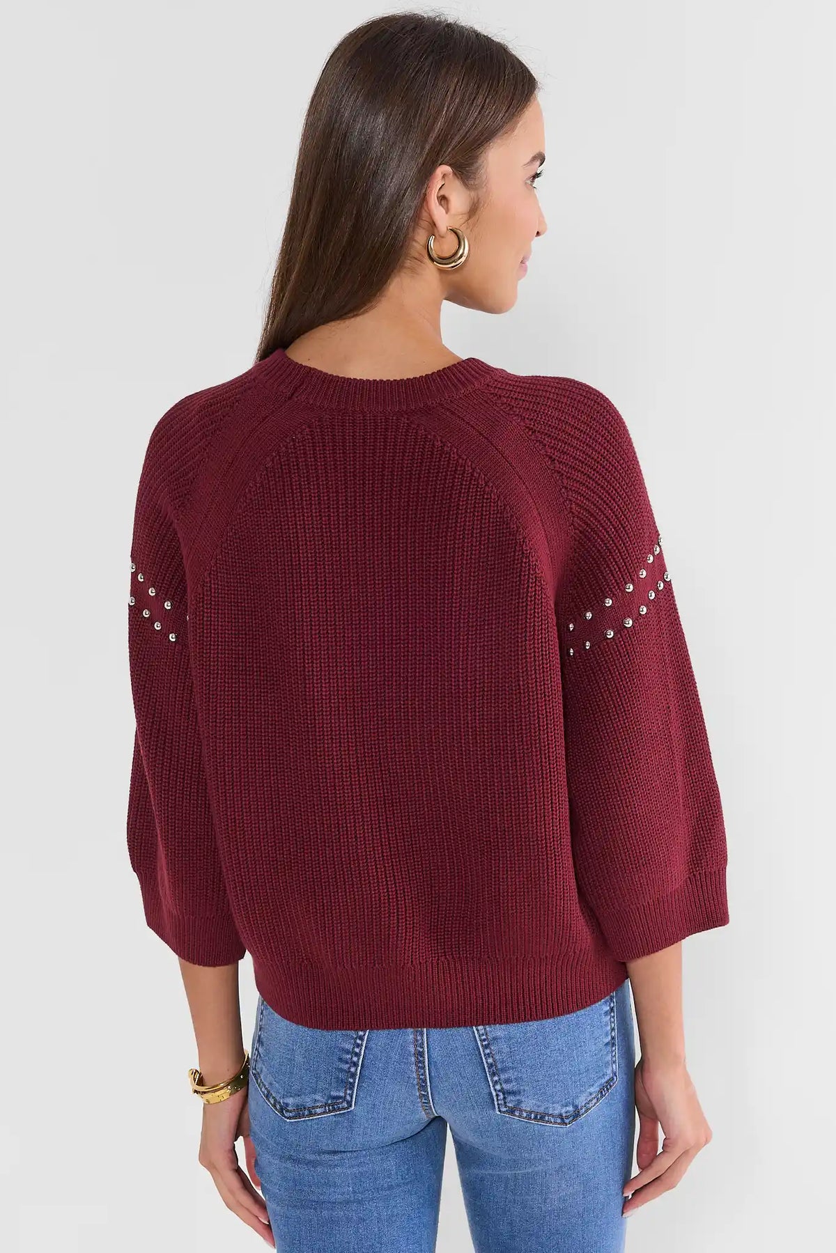 Burgundy Ribbed Studded Sweater - Back View, Ribbed Knit Texture | Avara