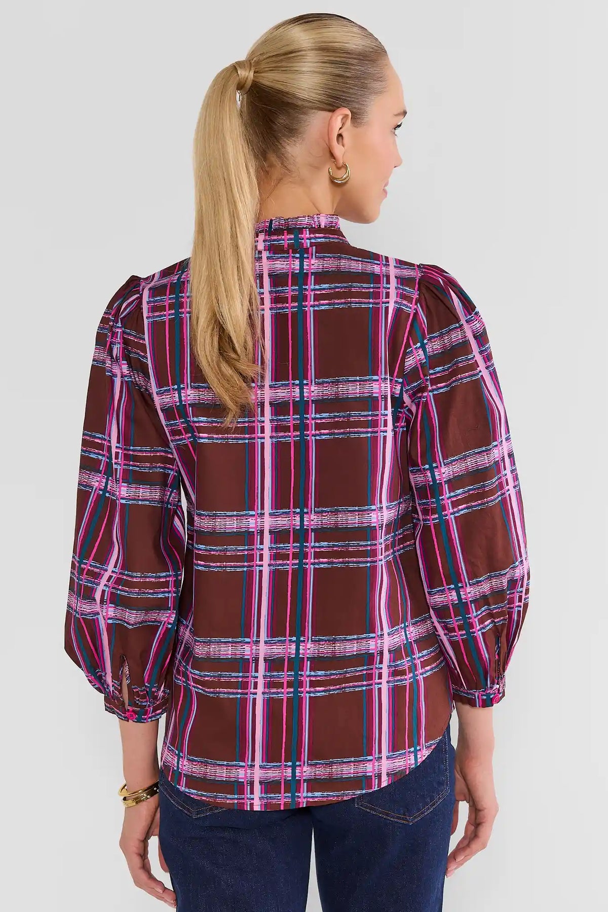 Burgundy Plaid Printed Button Up Top - Back View On Model with Jeans | Avara