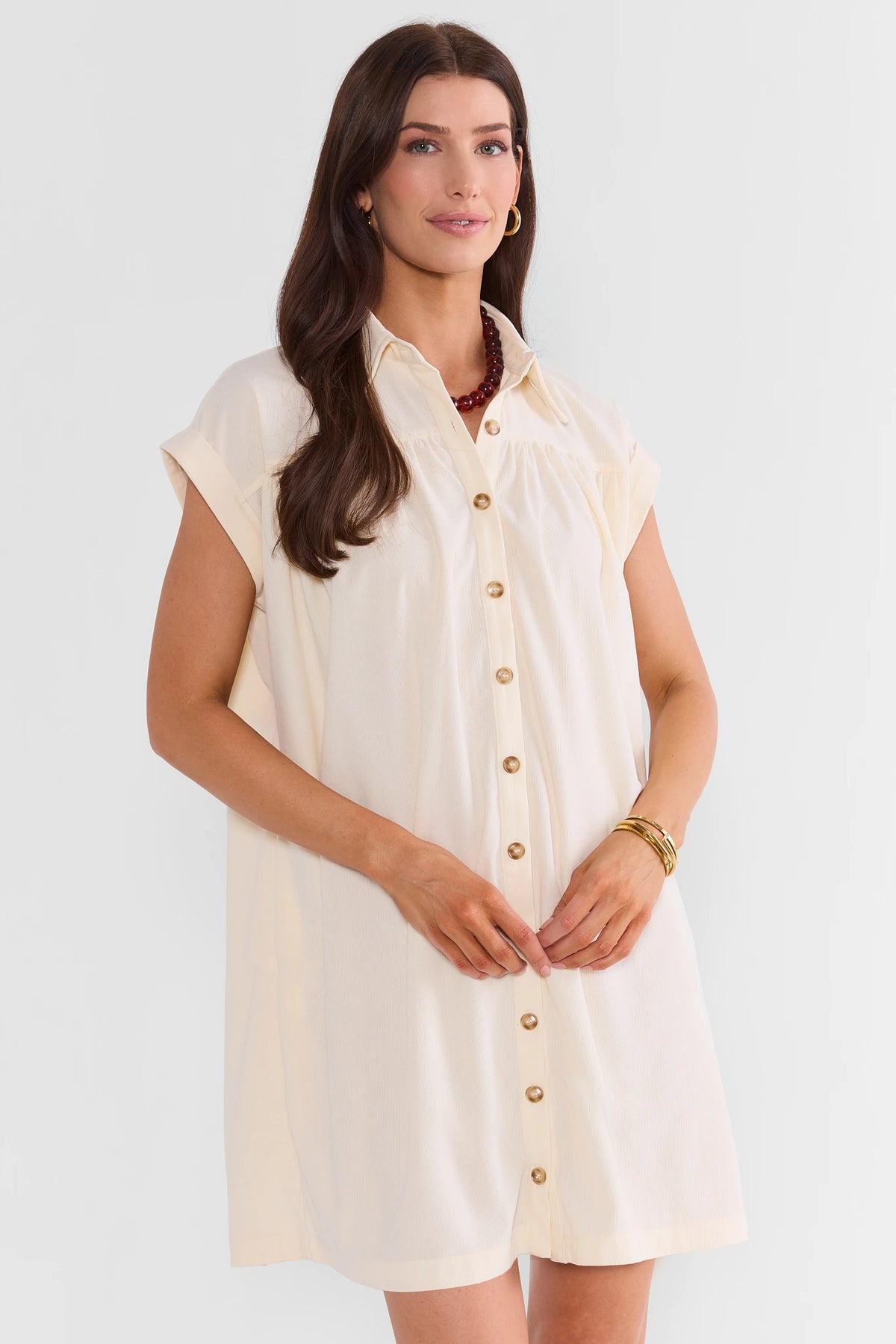 Ivory Corduroy Short Dress - Front View, On Model | Avara