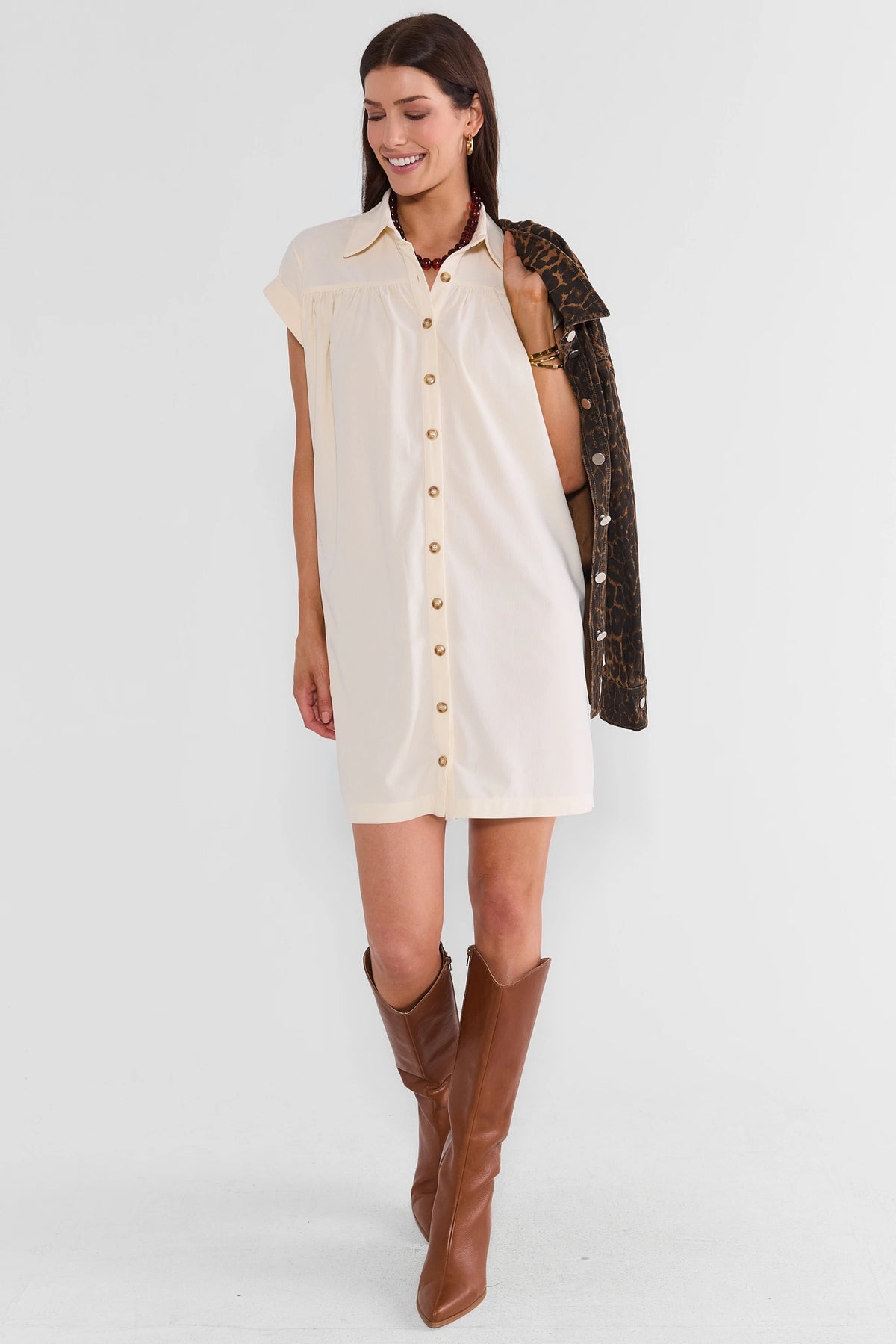 Ivory Corduroy Short Dress - Styled Look with Leopard Jacket and Brown Boots | Avara