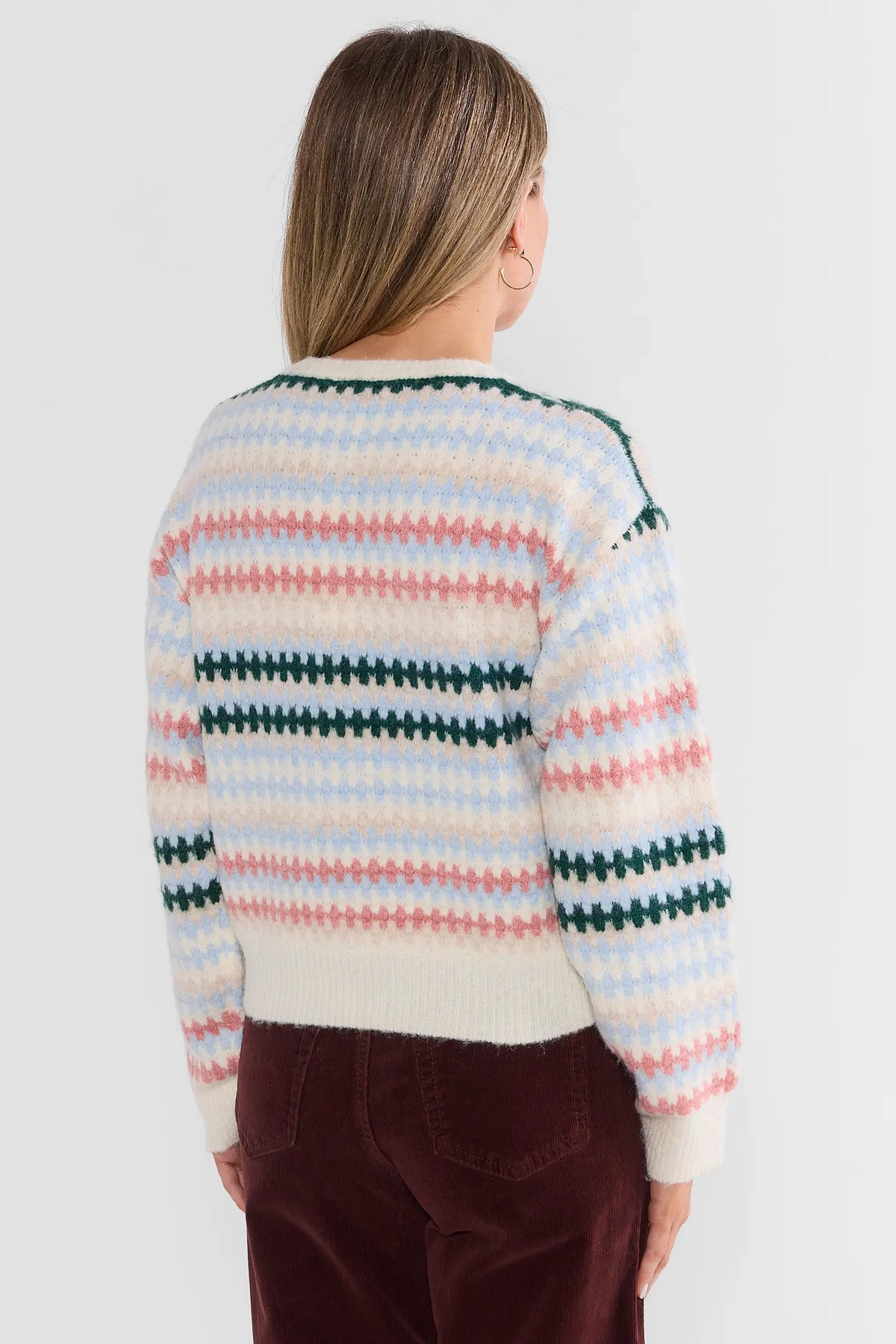 Ivory Multi Striped Knit Sweater - Back View, Long Sleeve Modest Coverage | Avara