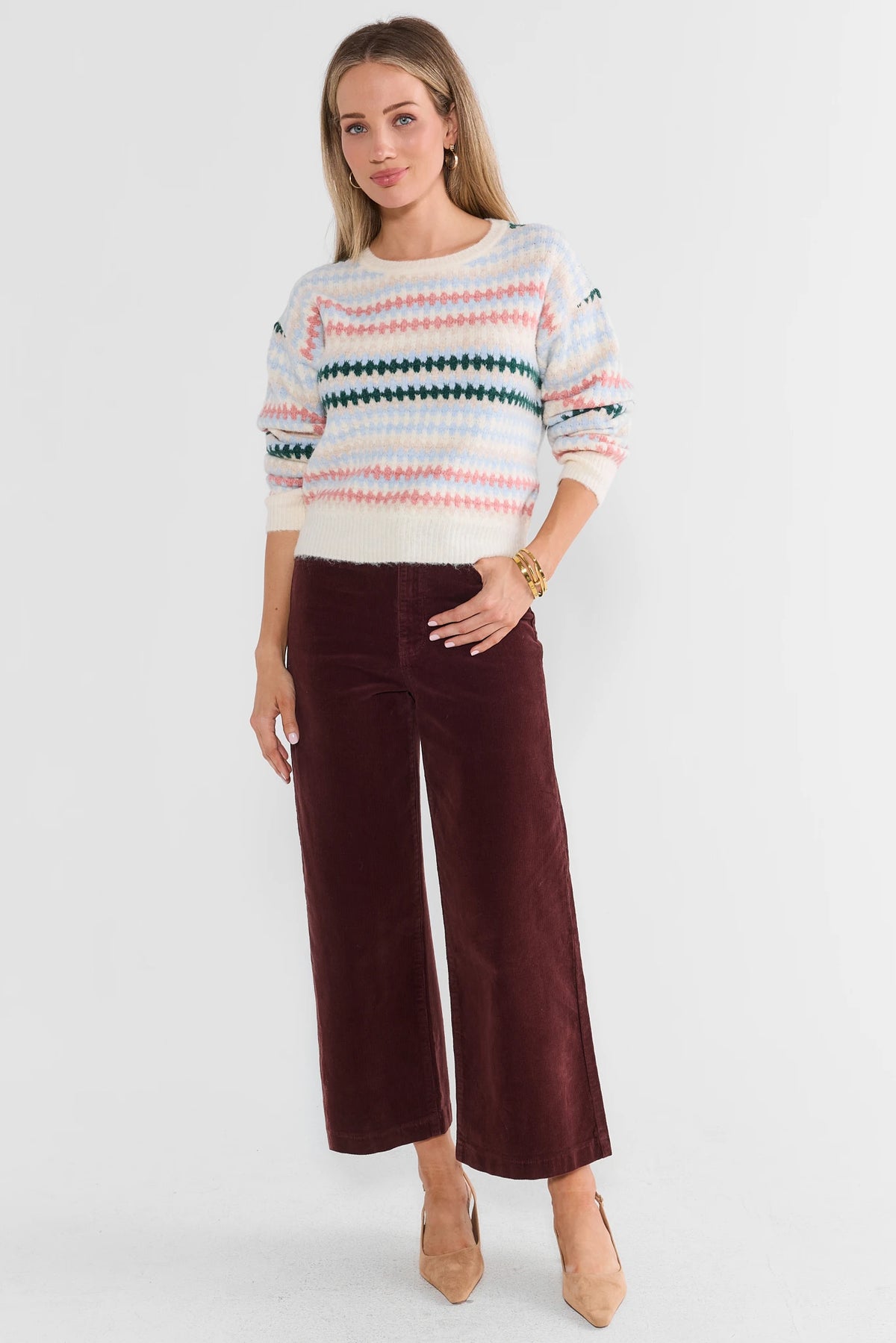 Ivory Multi Striped Knit Sweater - Full Length Styled Look with Wide Leg Pants | Avara