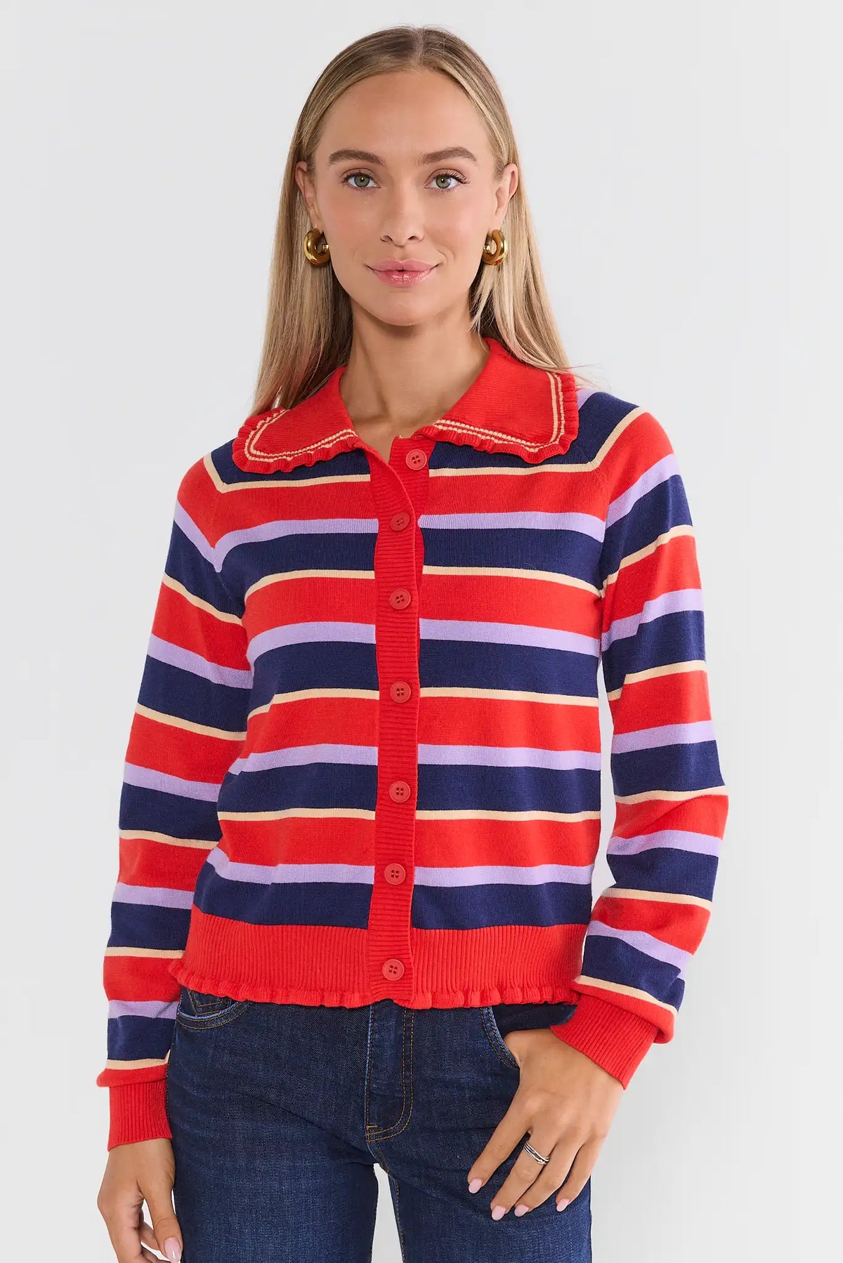 Red Striped Ruffle Trim Cardigan - Front View On Model | Avara