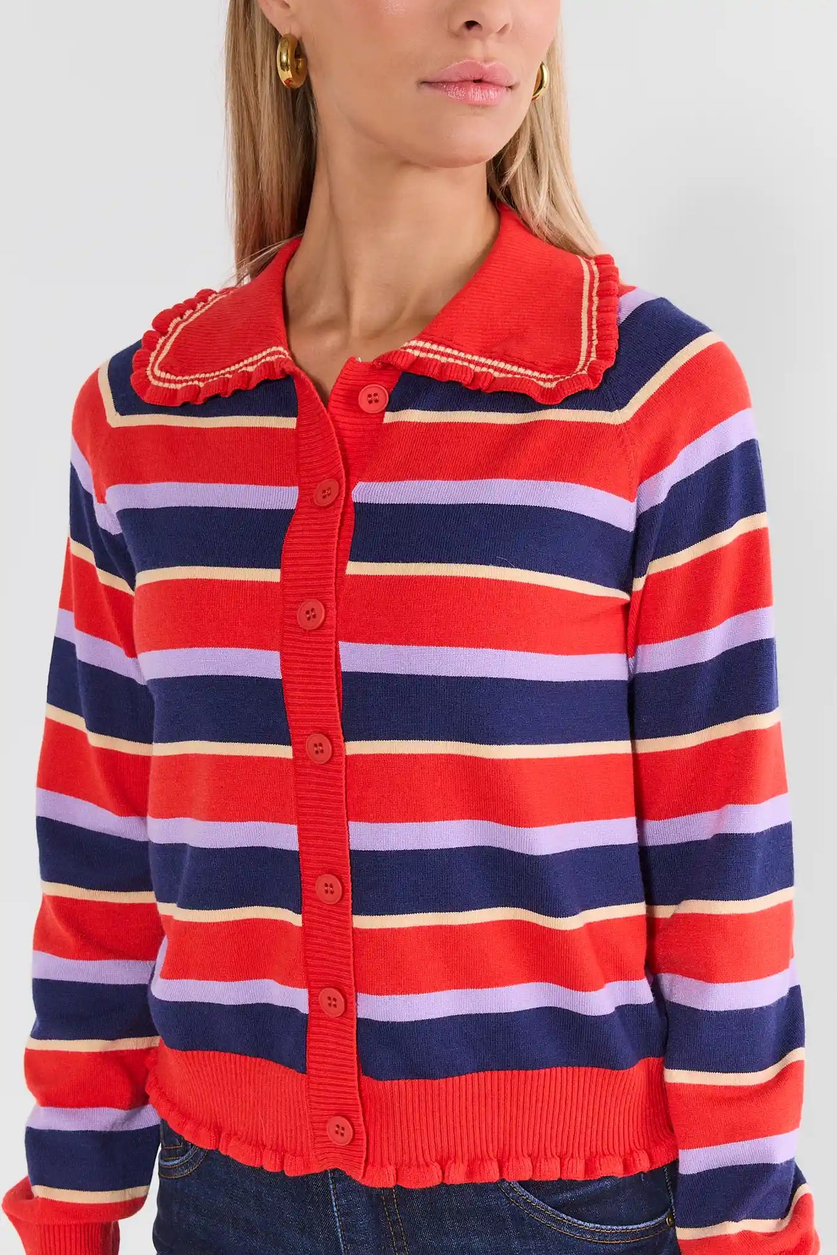 Red Striped Knit Cardigan - Ruffle Collar Close-Up Detail | Avara