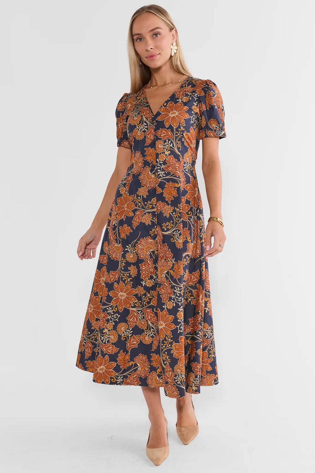 Navy Floral Print Cotton Midi Dress - Full Front View On Model | Avara