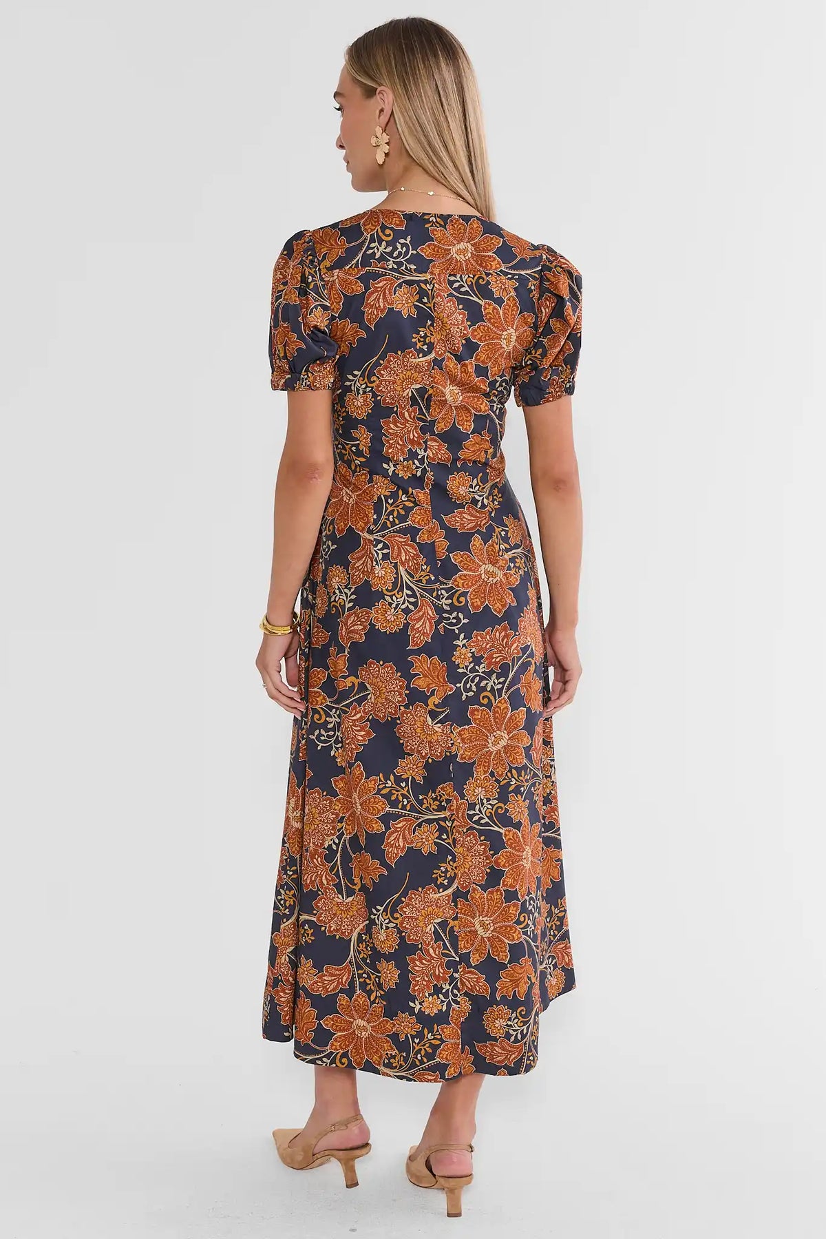 Navy Floral Button Up Midi Dress - Back View Showing A-Line Skirt | Avara