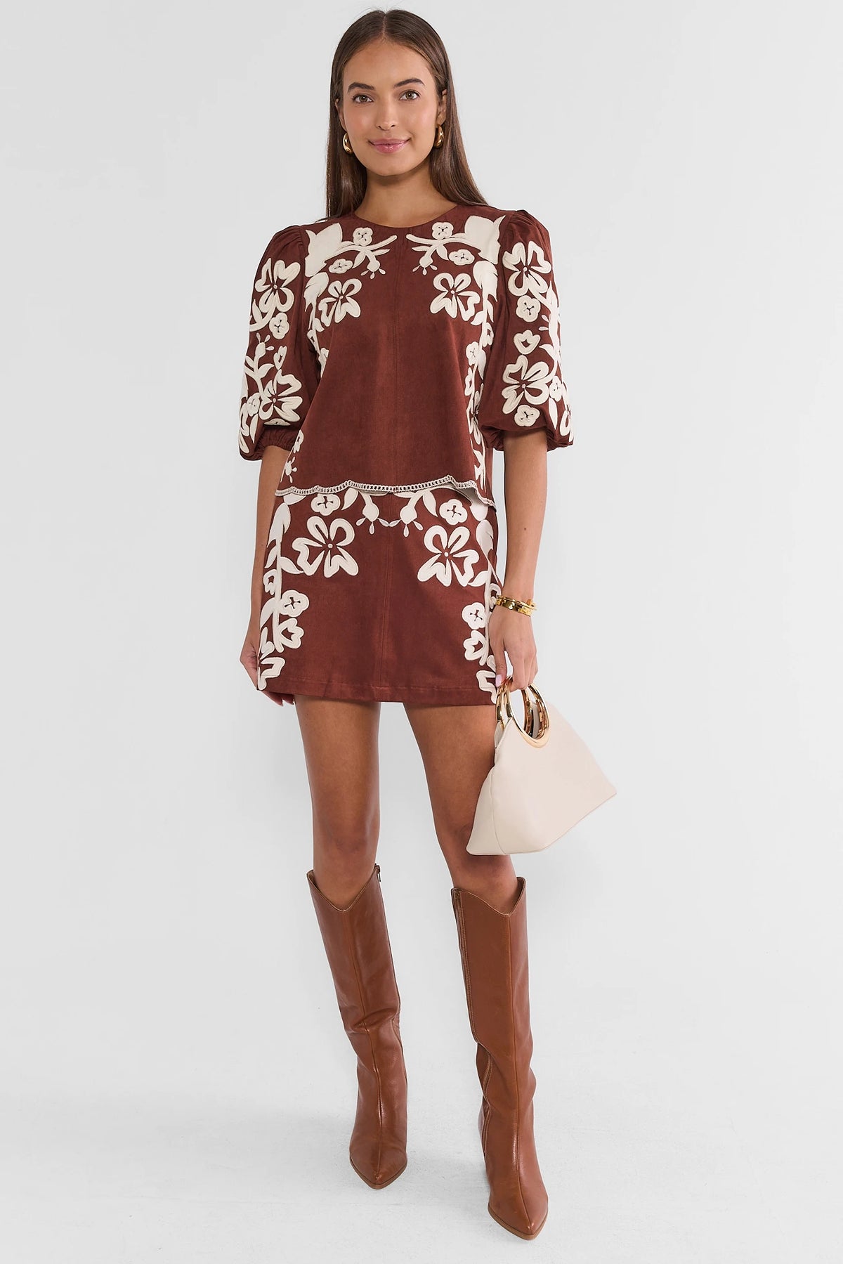 Brown Faux Suede Mini Skirt - Full Styled Look, Floral Appliqué Top and Boots | Avara