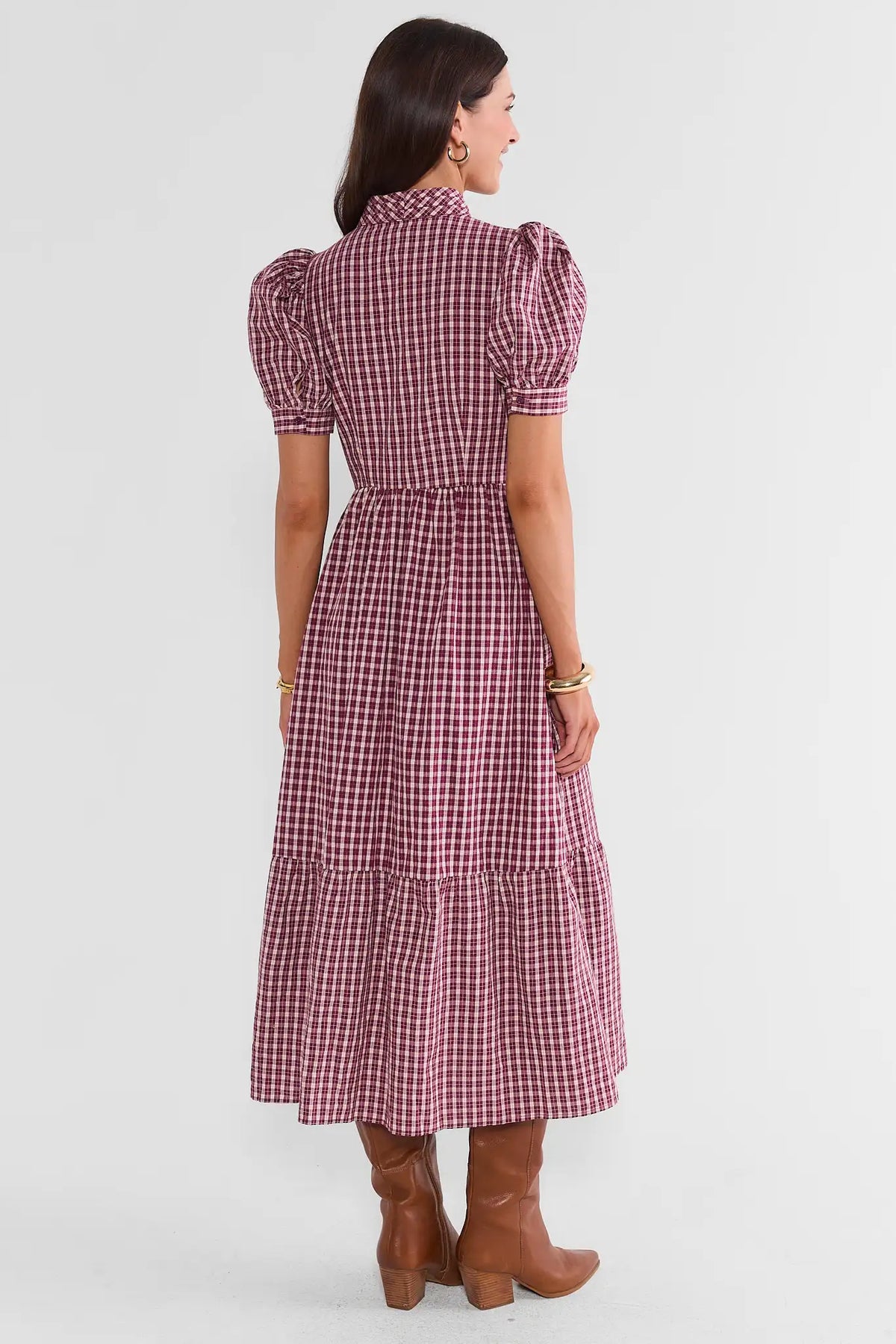 Burgundy Plaid Maxi Dress - Back View with Puff Sleeves & Tiered Hem | Avara