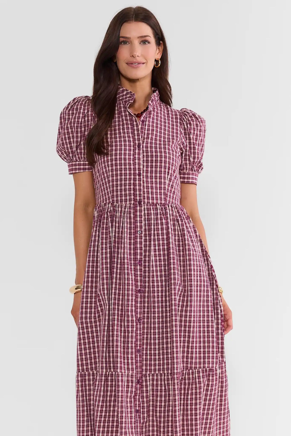 Burgundy Plaid Maxi Dress - Front View, Puff Sleeve & Ruffle Neckline Detail | Avara