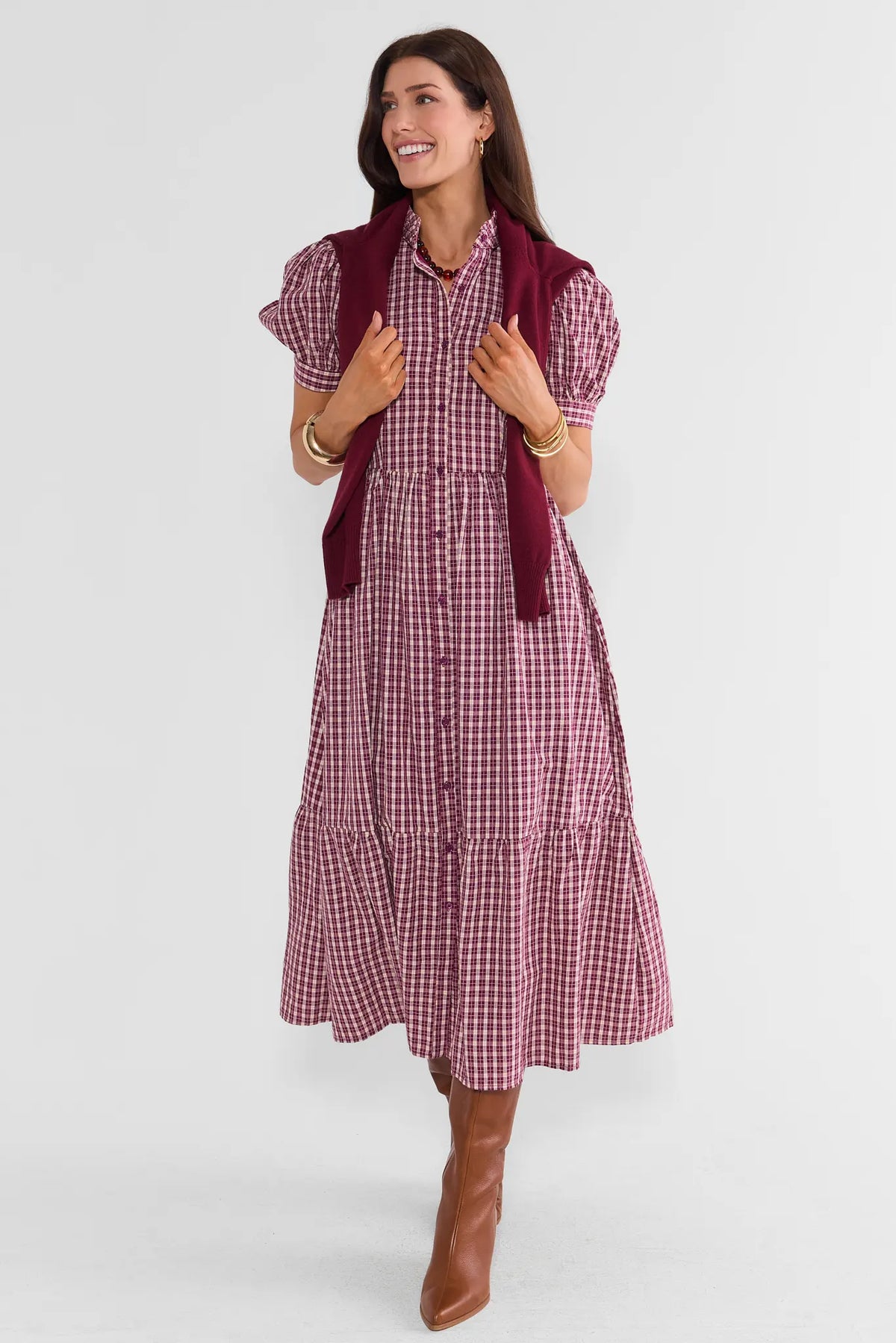 Burgundy Plaid Maxi Dress - Styled Look with Vest & Brown Boots, Full Length | Avara