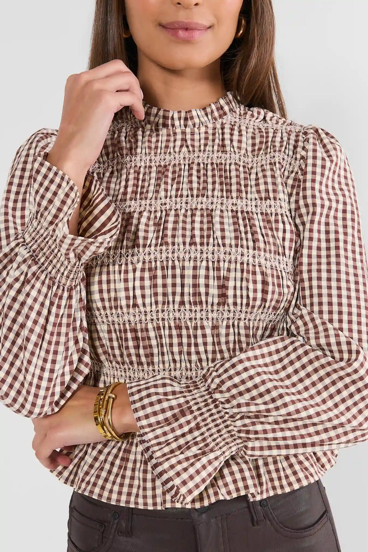 Brown Gingham Smocked Top