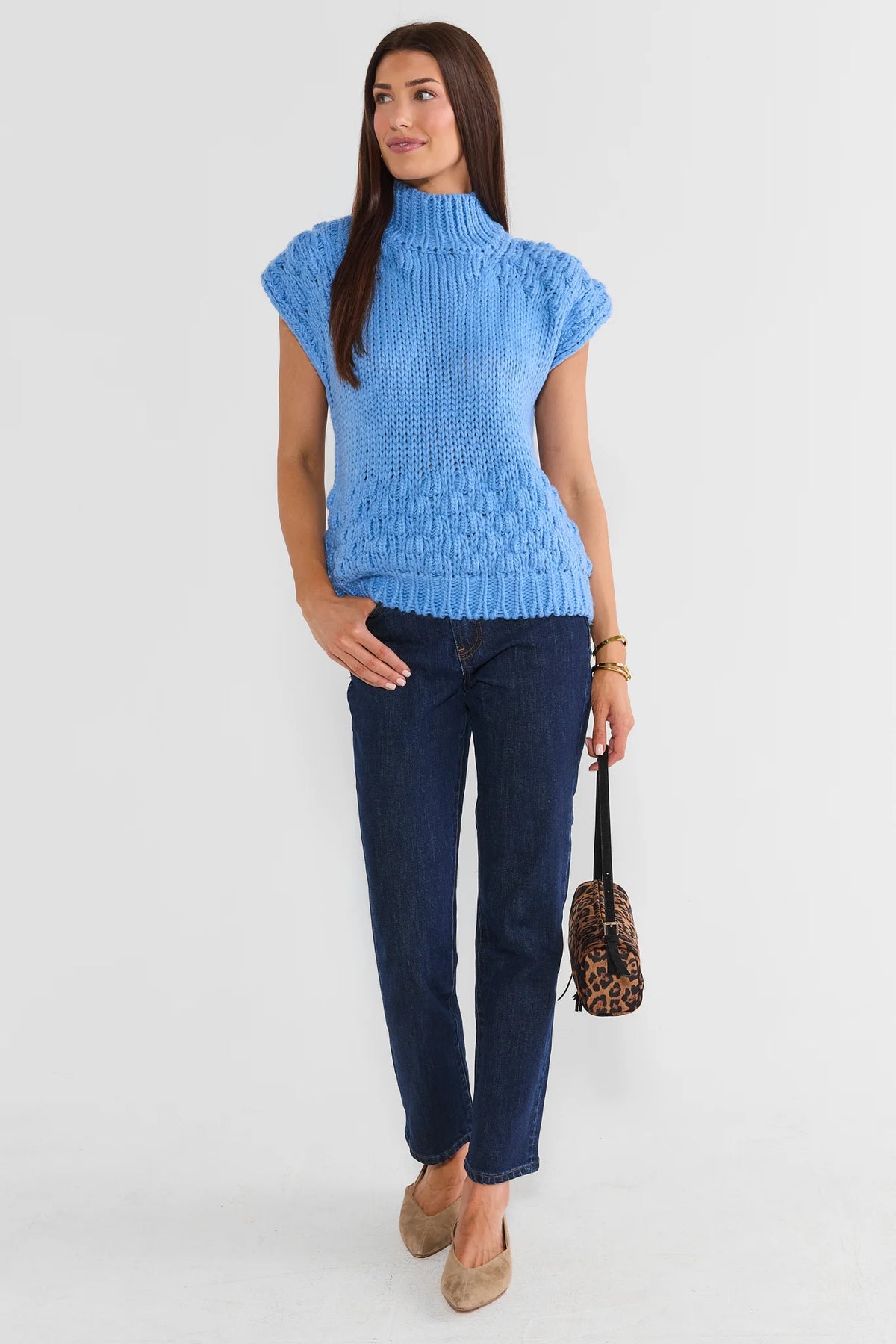 Blue Bubble Knit Sleeveless Sweater