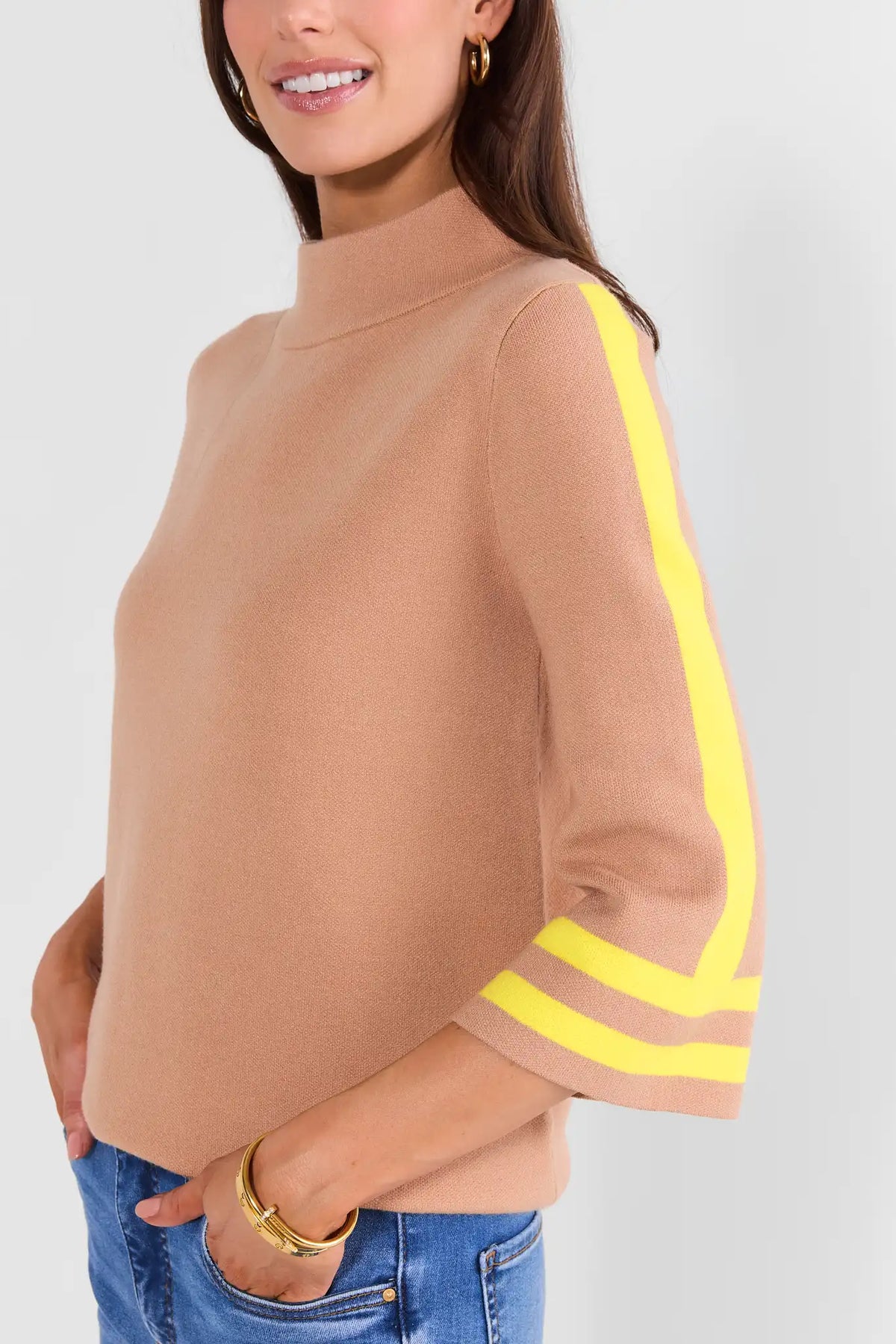 Jackie Camel Stripe Detail Knit Sweater