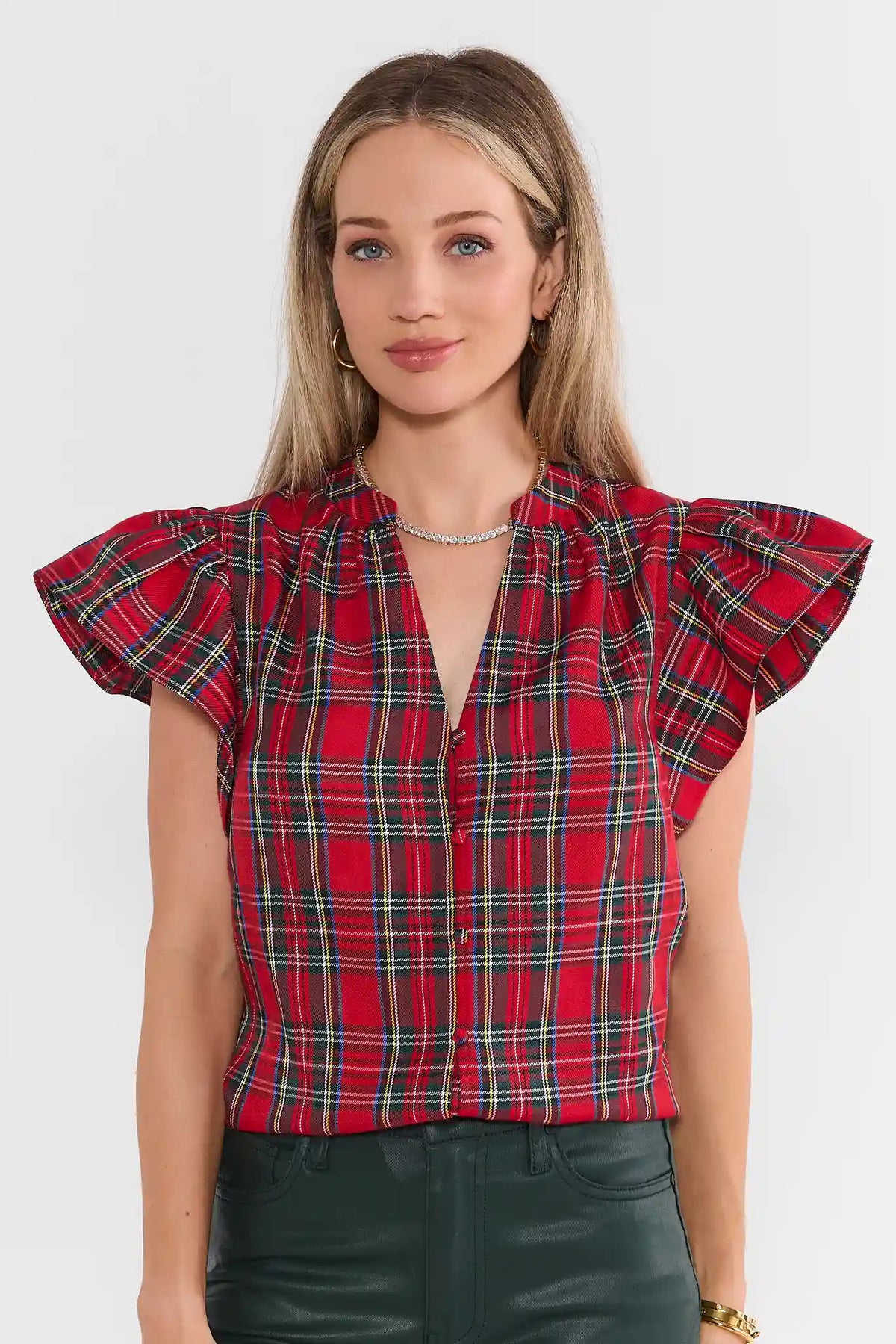 Camryn Red Plaid Flutter Sleeve Top