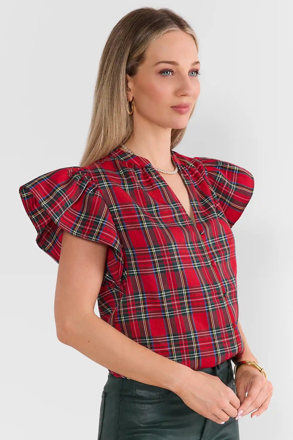 Camryn Red Plaid Flutter Sleeve Top