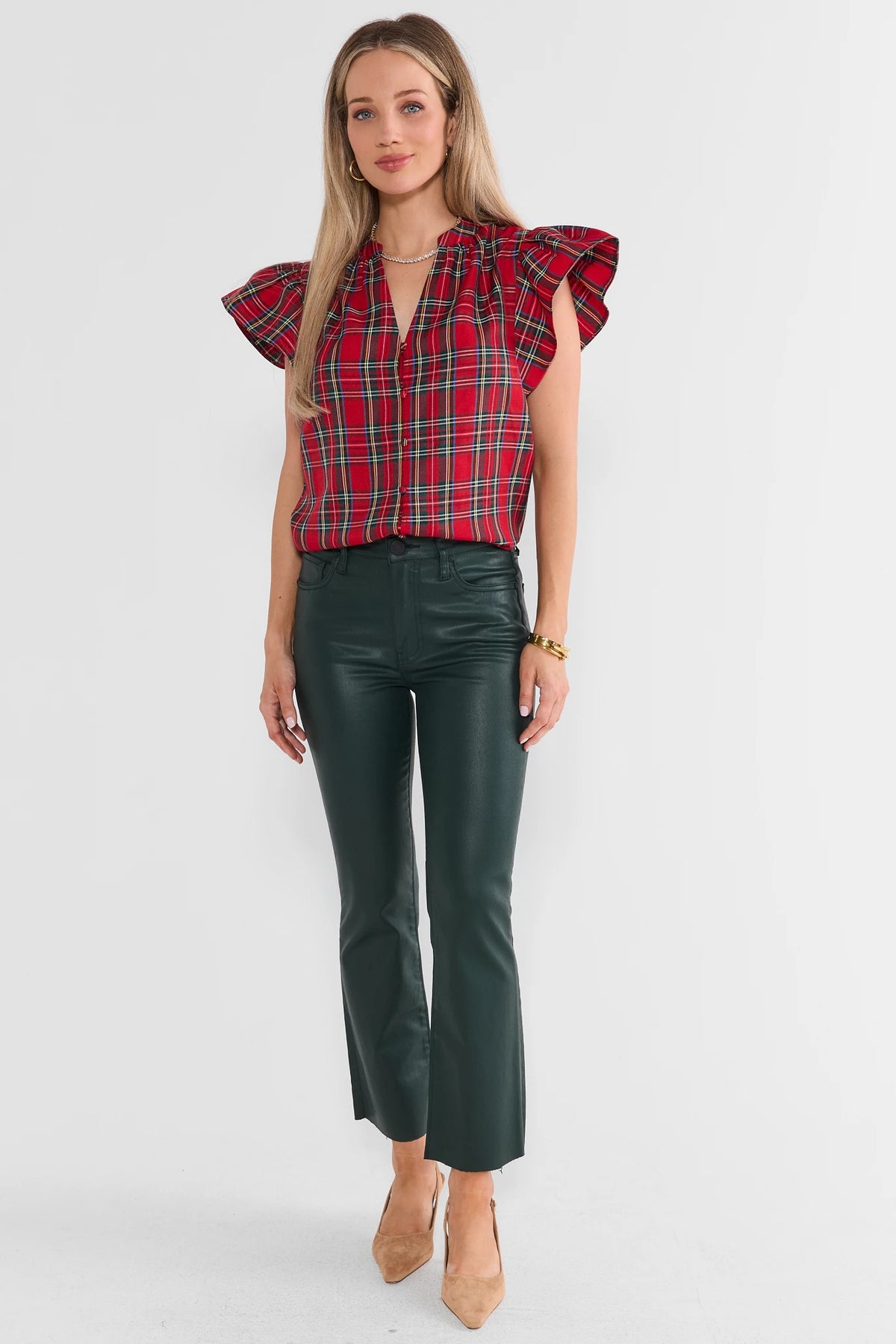 Camryn Red Plaid Flutter Sleeve Top