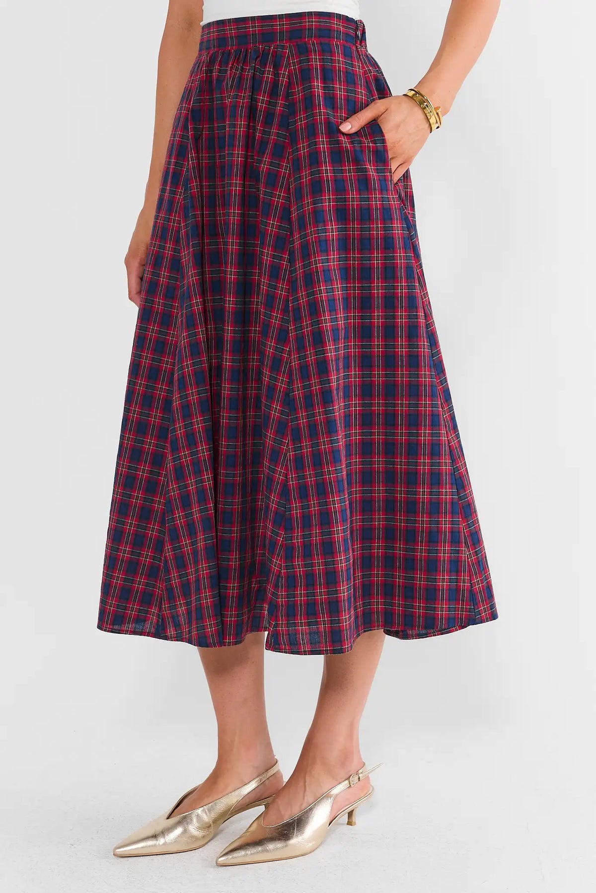 Red Plaid Pleated Midi Skirt