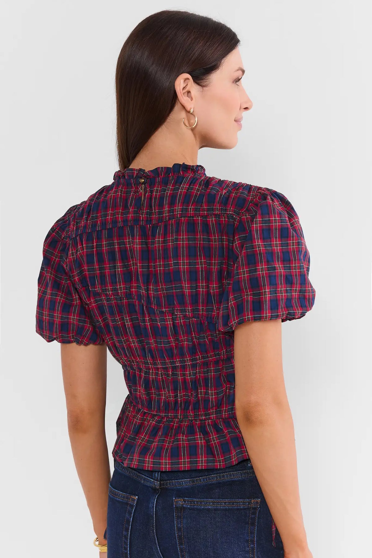 Red Plaid Smocked Peplum Top