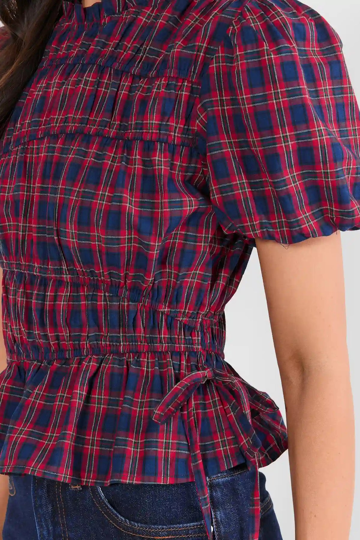 Red Plaid Smocked Peplum Top