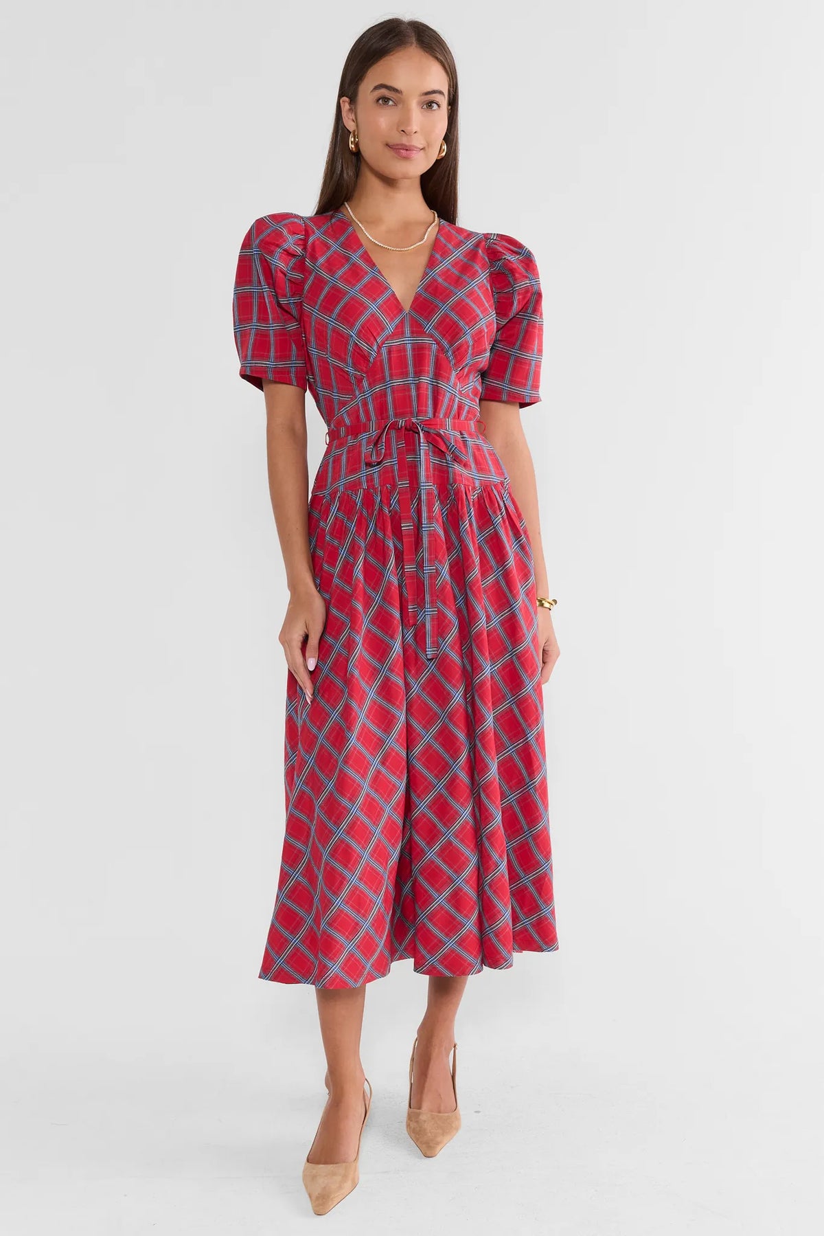 Red Printed Drop Waist Midi Dress