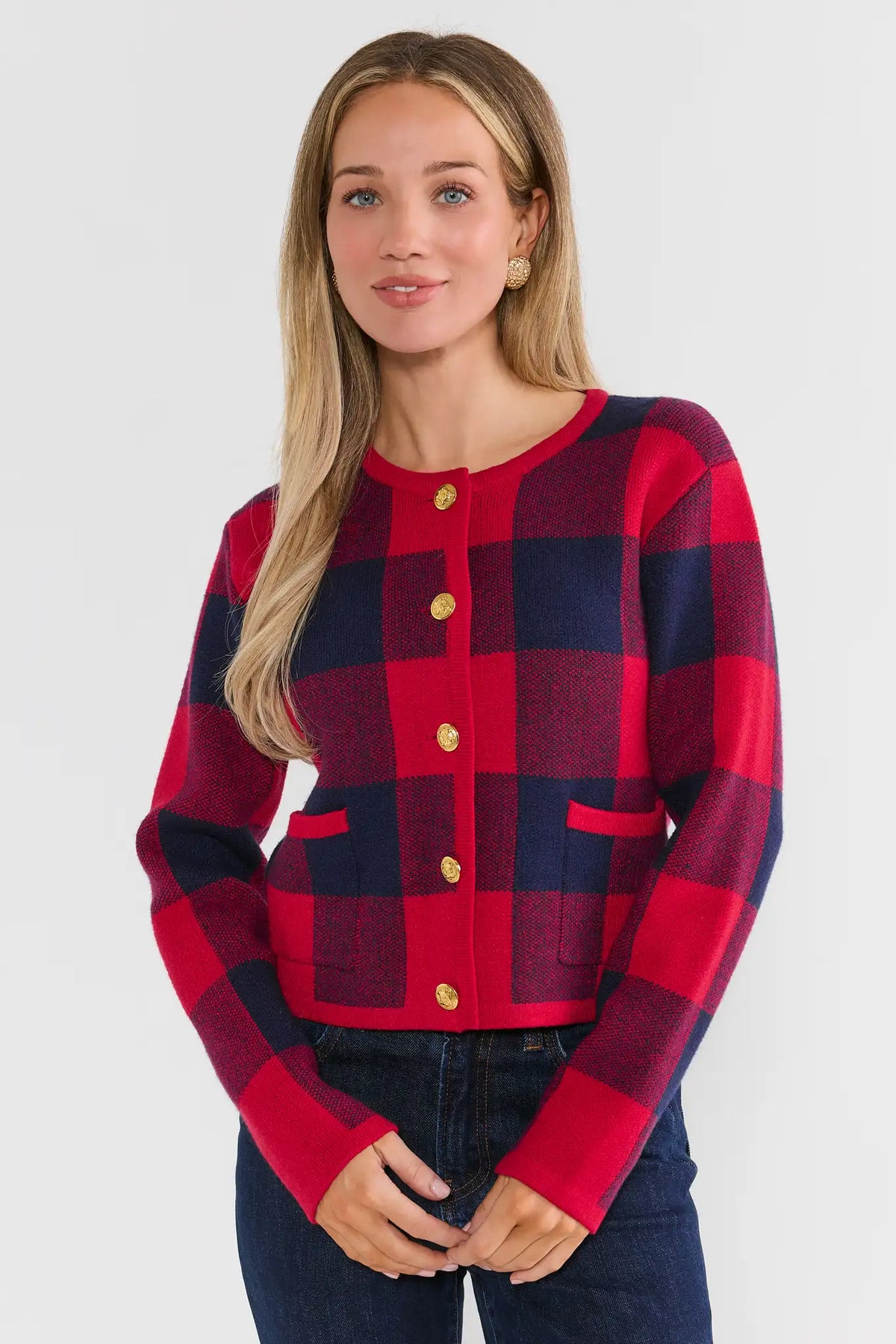 Red Plaid Button Front Cardigan