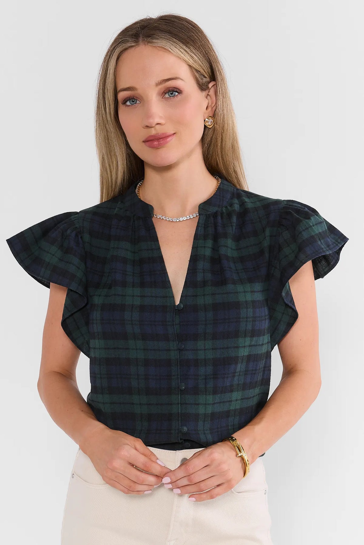 Camryn Navy Plaid Flutter Sleeve Top
