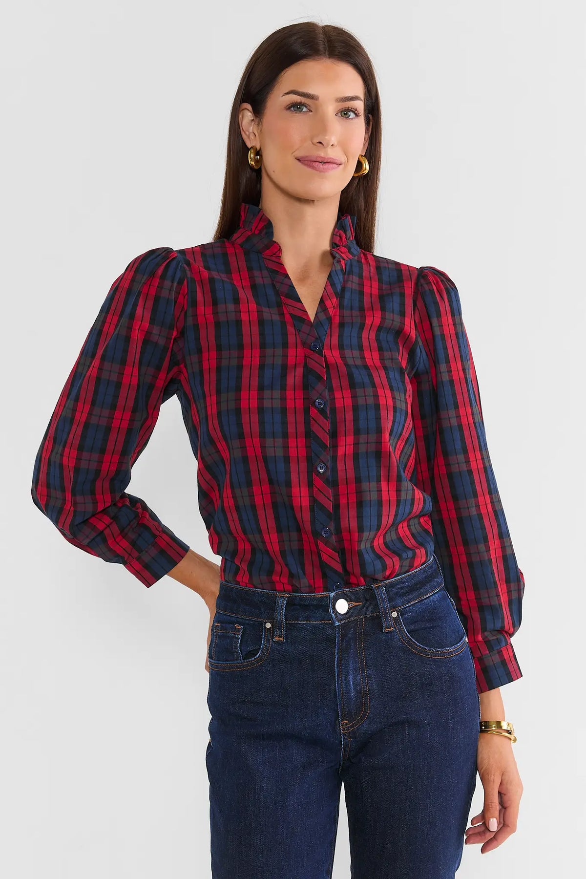 Red Plaid Stand Collar Top