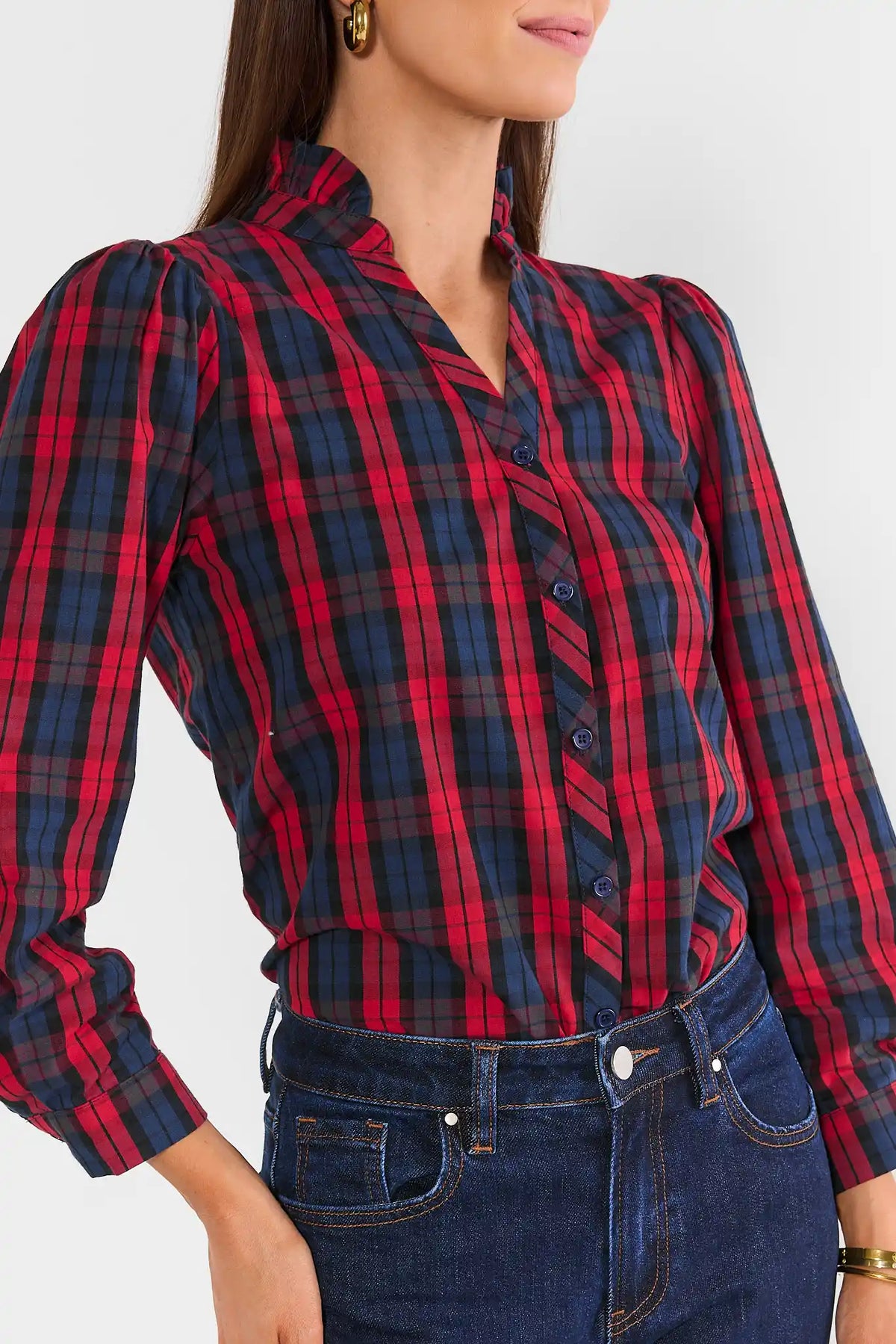 Red Plaid Stand Collar Top