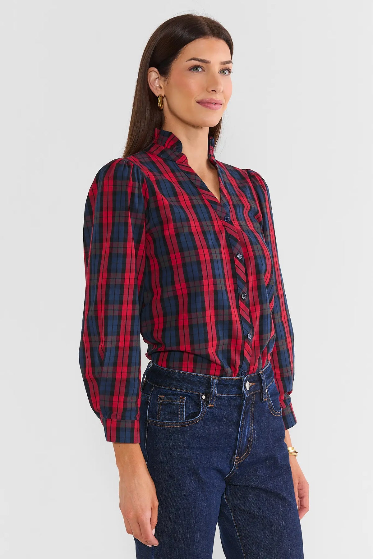 Red Plaid Stand Collar Top