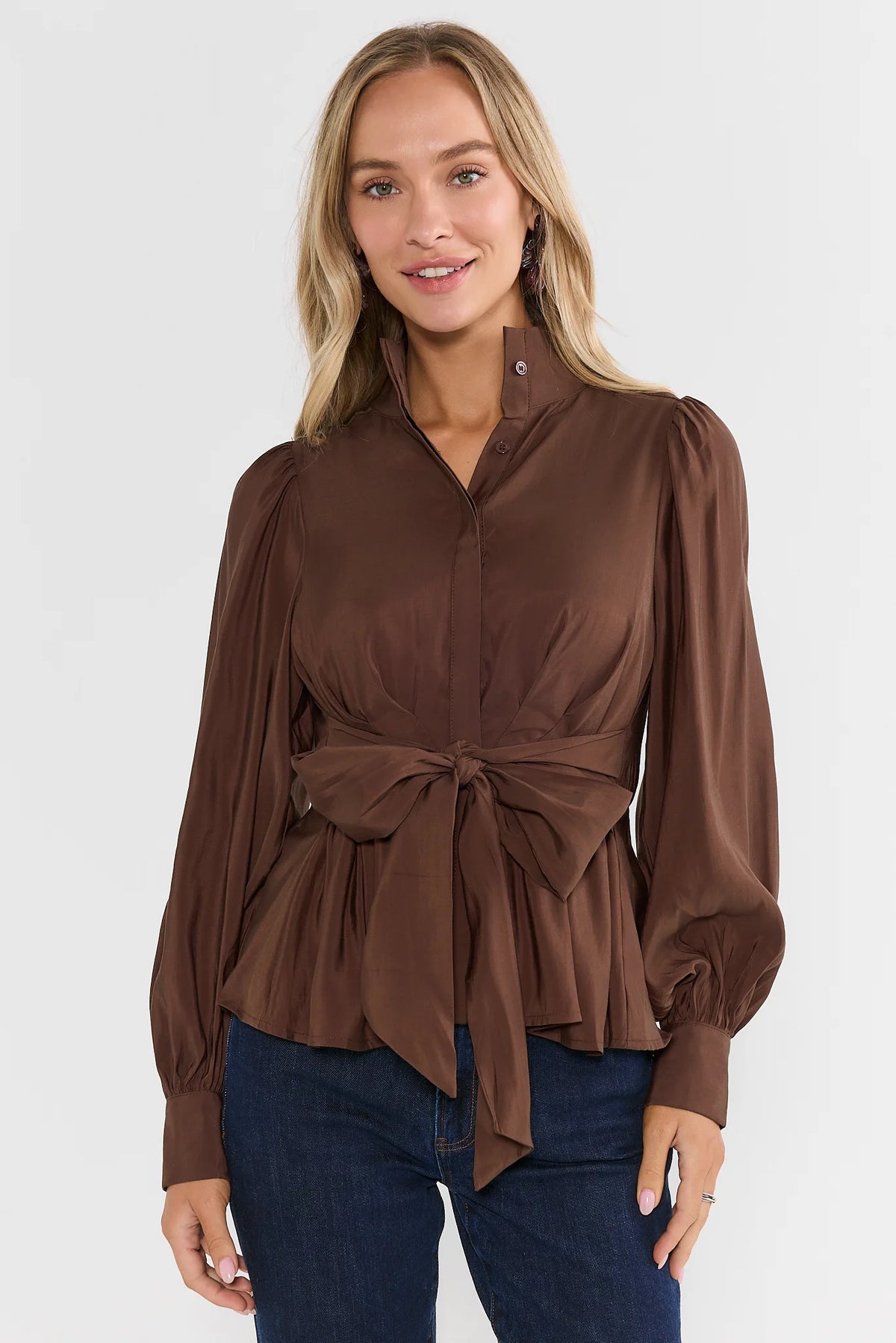 Brown Tie Waist Stand Collar Top