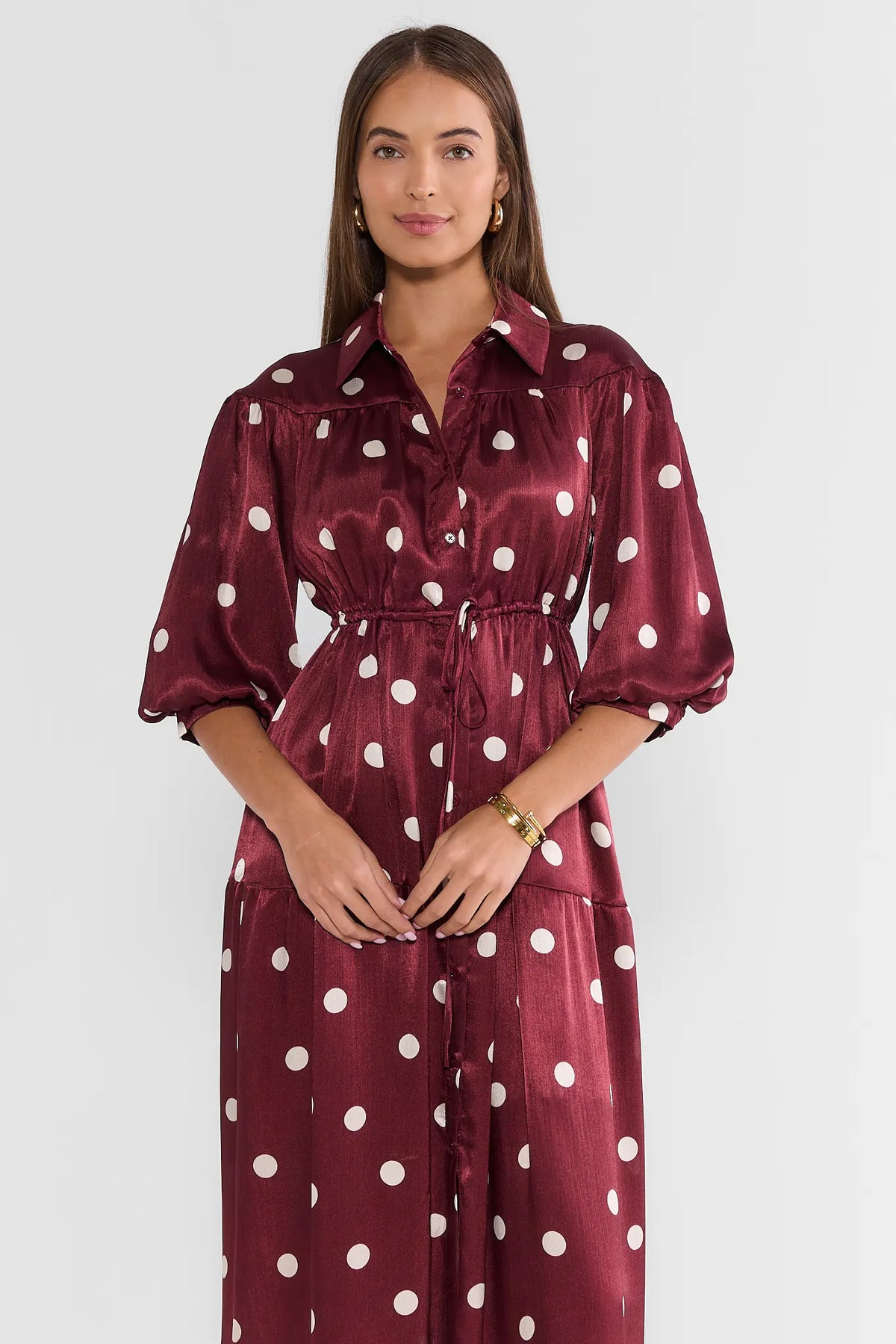 Burgundy Polka Dot Satin Midi Dress - Front On-Model View, Puff Sleeve & Tiered Hem | Avara